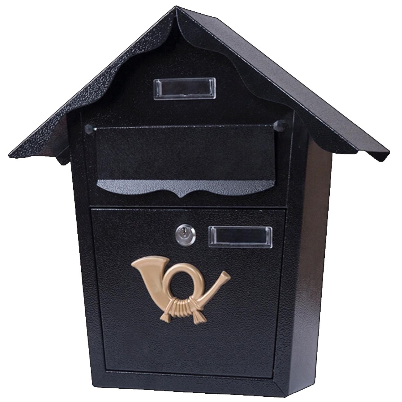 Cutie postala eleganta din metal negru, design clasic cu emblema aurie, rezistenta la intemperii, 38x38x10cm