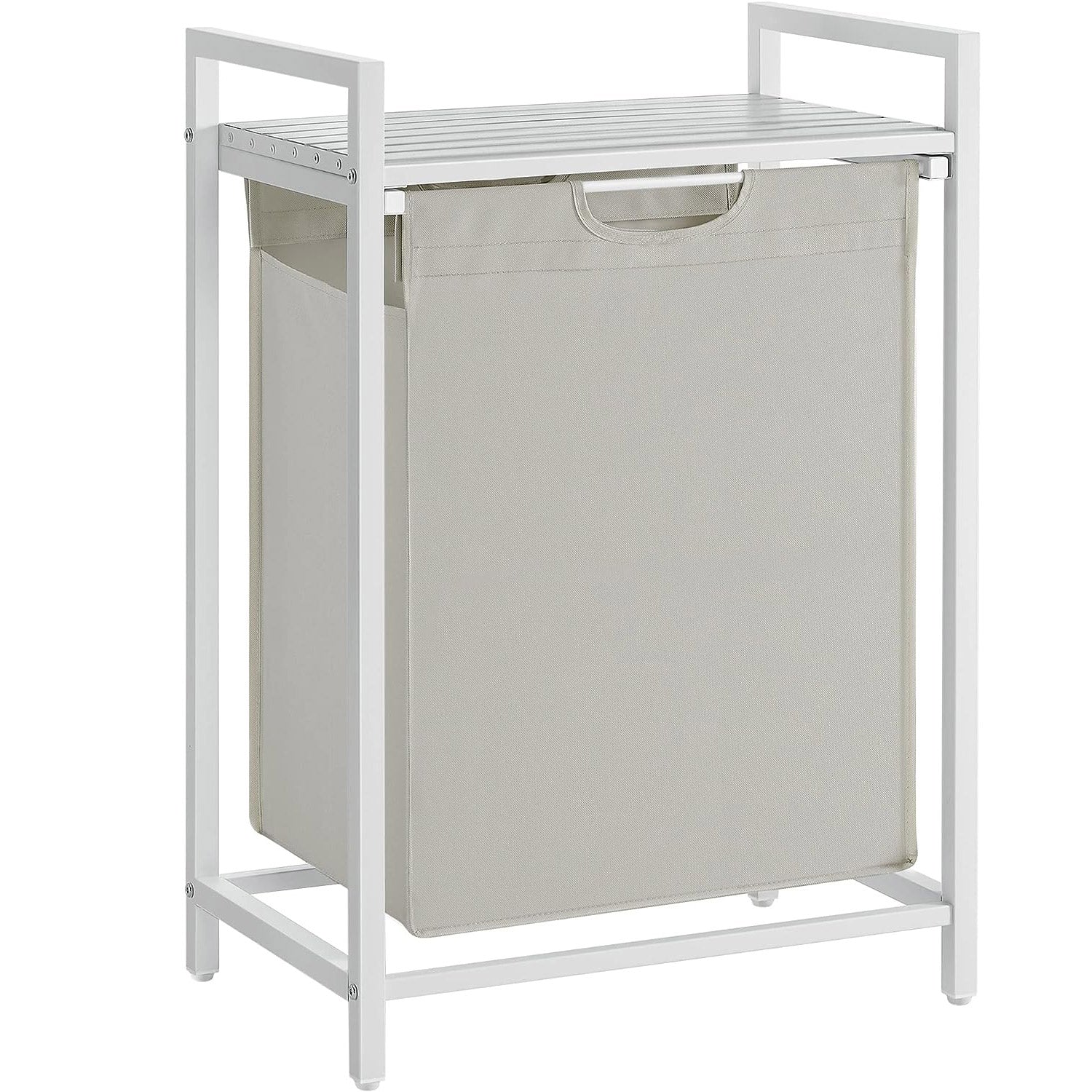 VASAGLE Cos de rufe, sac de rufe detasabil, raft, cadru metalic, 65L, 50x33x72 cm, alb