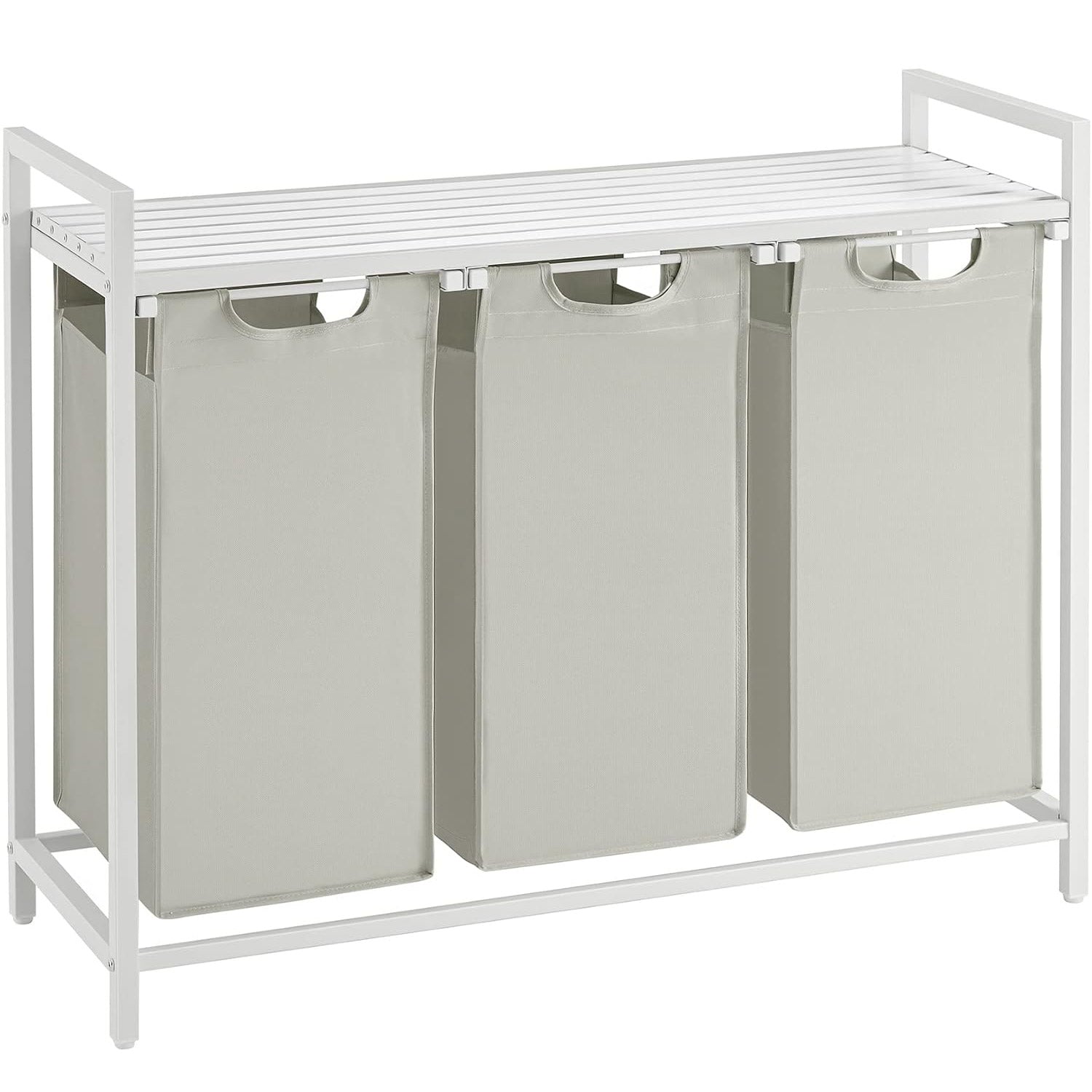 VASAGLE Cos de rufe, 3 compartimente, saci de rufe detasabili, raft, cadru metalic, 3x38L, 93x33x72 cm, alb