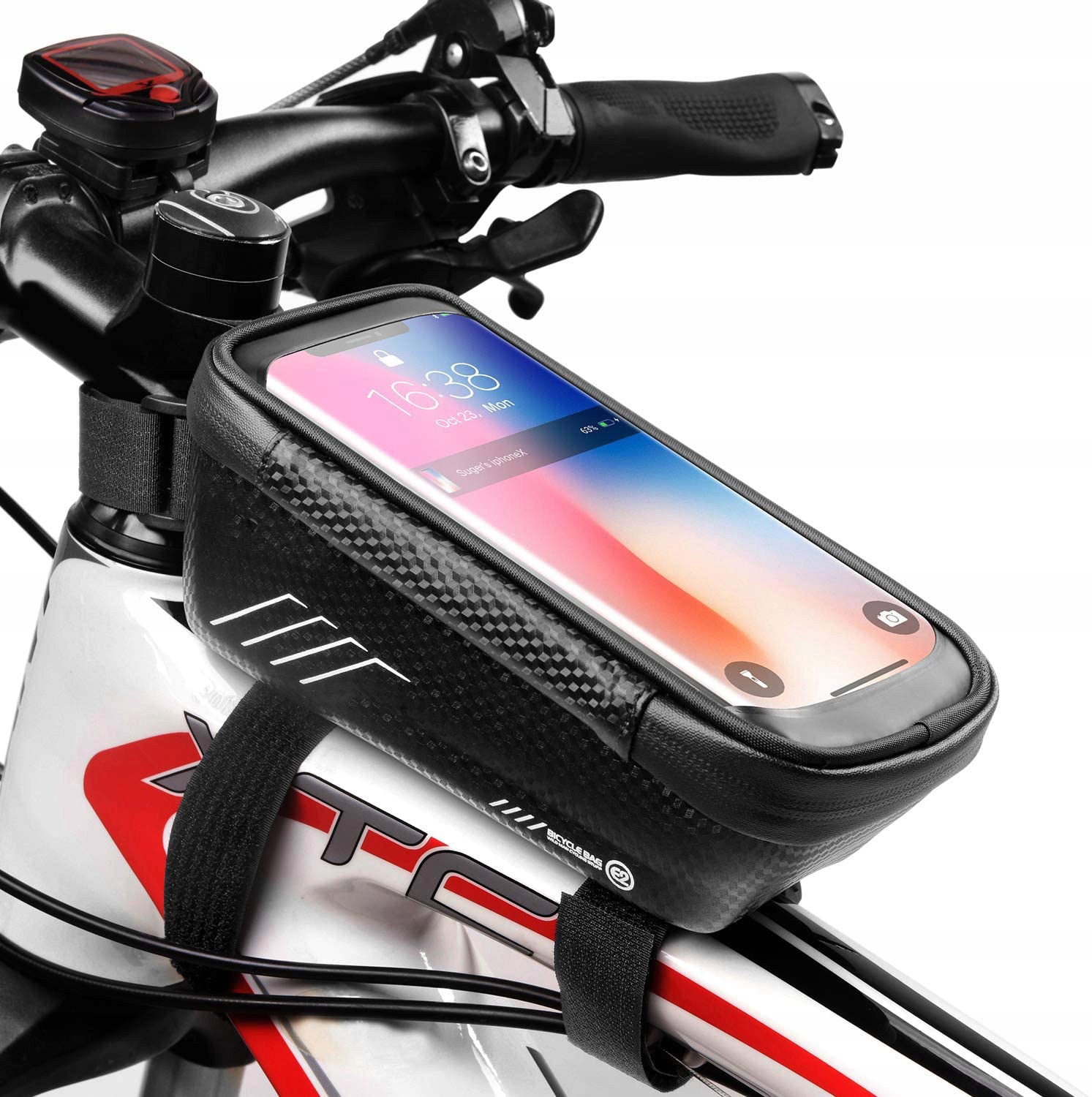 Borseta pentru bicicleta, impermeabila, cu husa pentru telefon, montare pe bara, 19,5x11x9cm