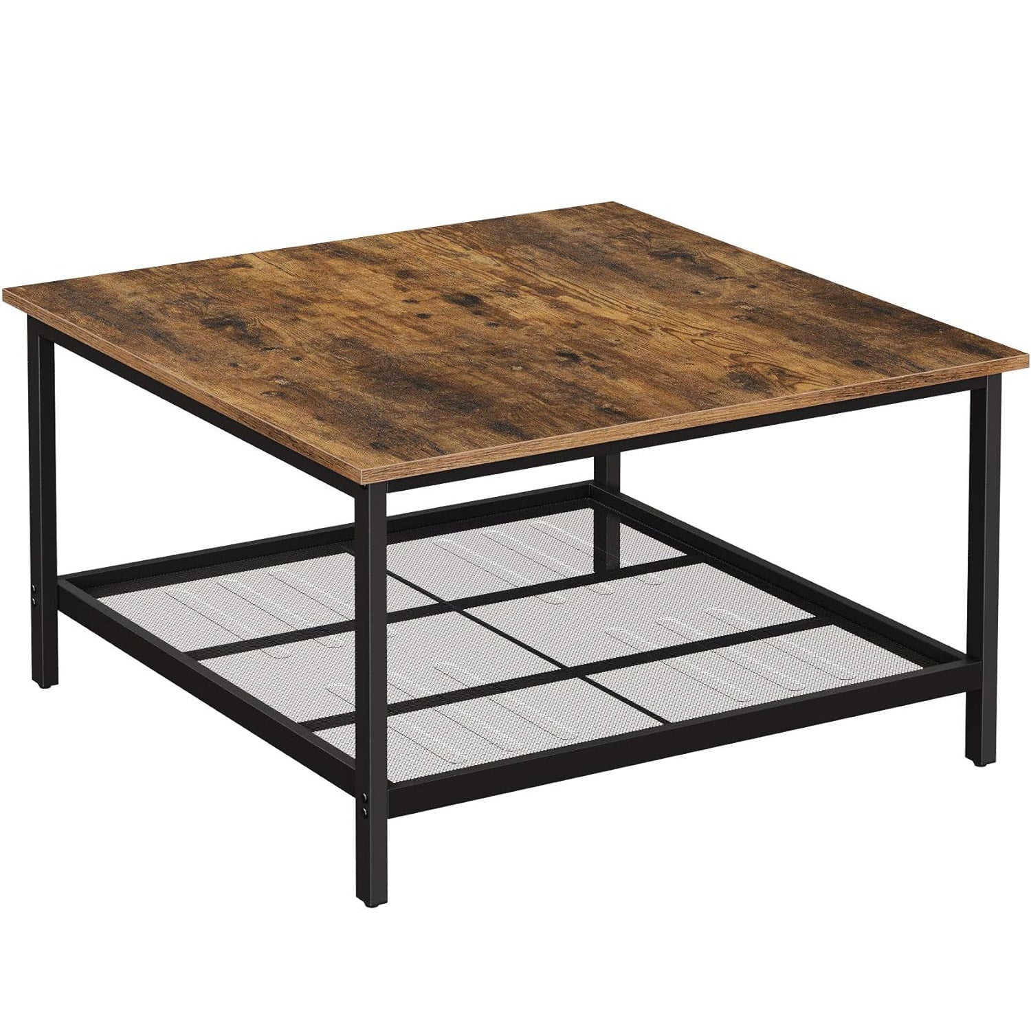 VASAGLE Masa de cafea patrata, cadru otel si polita de depozitare, stil industrial, 80x80x45cm, maro rustic si negru