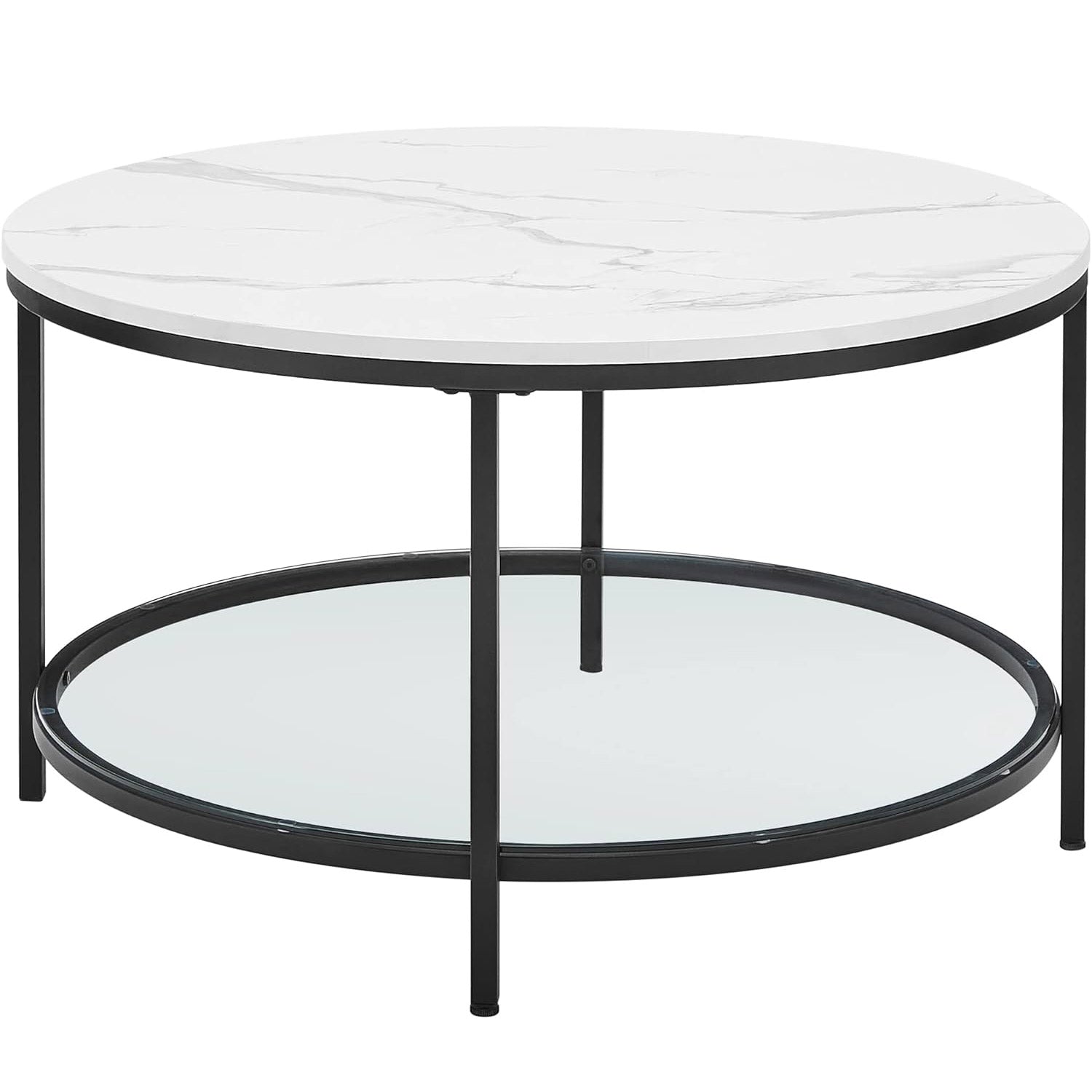 VASAGLE Masa de cafea rotunda cu blat din imitatie de marmura, polita suplimentara din sticla, 80x45cm, alb si negru