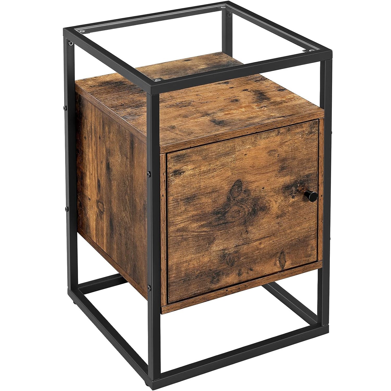VASAGLE Noptiera cu spatiu de depozitare cu usa, blat din sticla, design industrial, 40x40x60cm, maro rustic