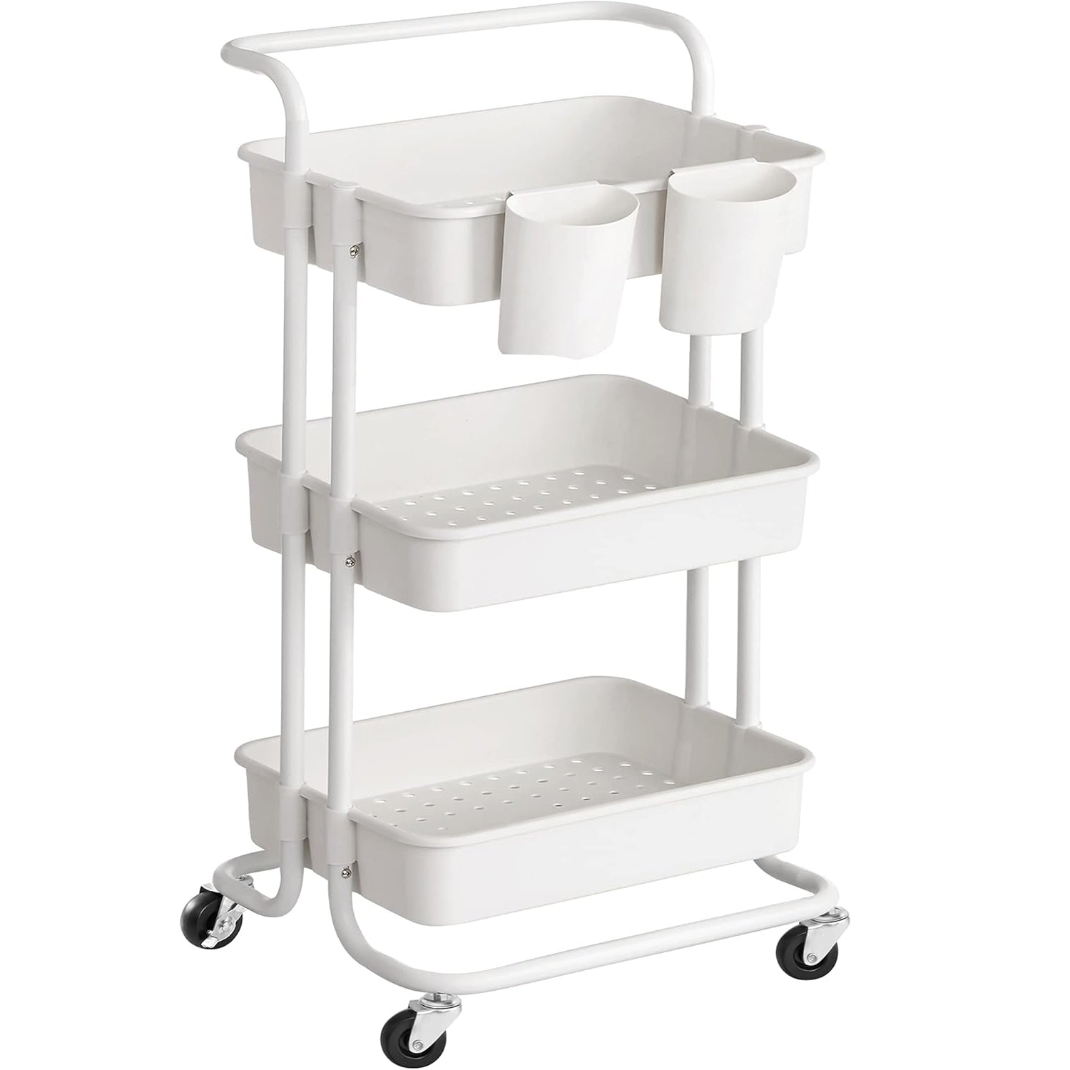 SONGMICS Carucior de depozitare pe roti, pentru bucatarie sau baie, cu 3 nivele, 42x34x86 cm, alb
