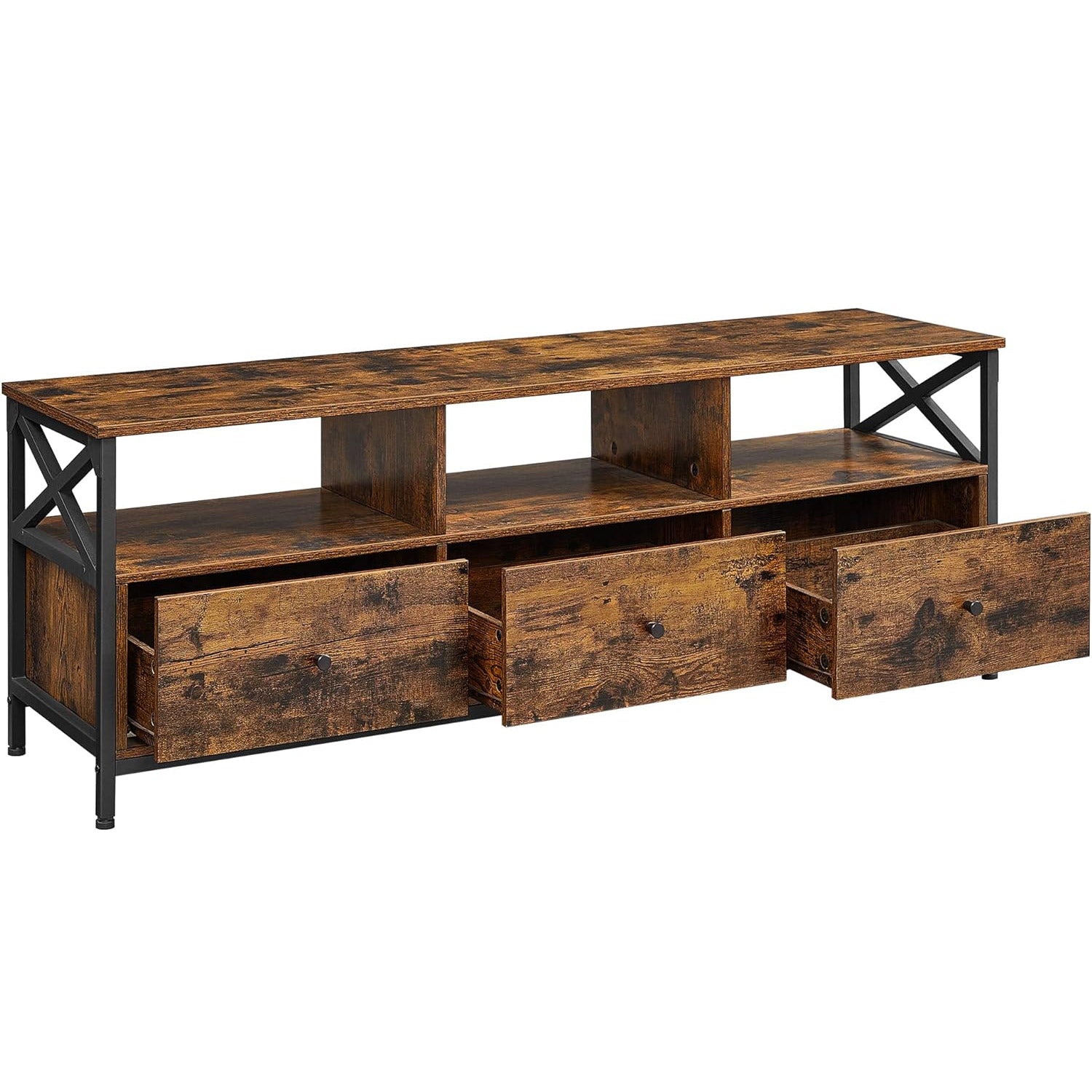VASAGLE Comoda pentru TV de pana la 65 inch, cu 3 sertare si 3 rafturi deschise, 40x147x50cm, maro rustic si negru