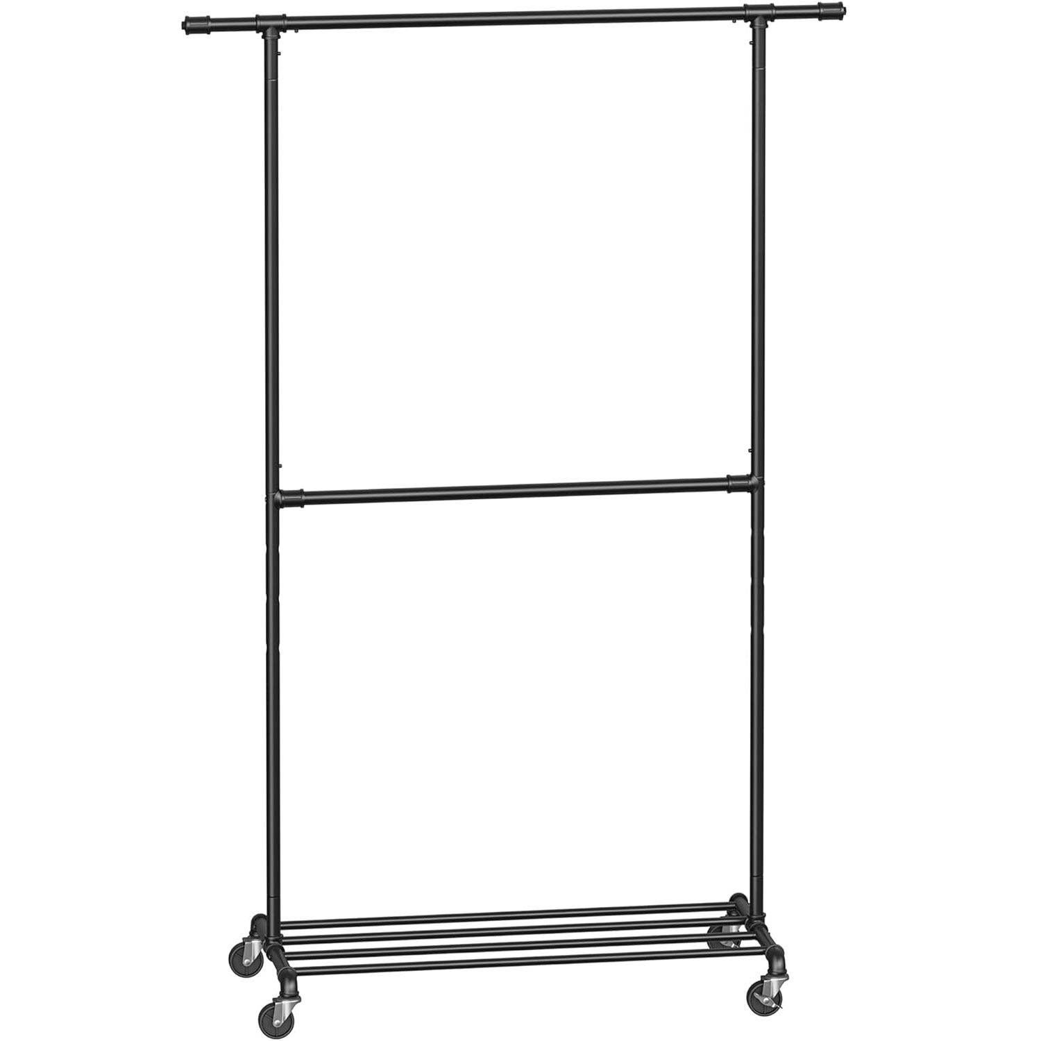 Suport pentru haine, cu raft si 2 sine de agatat, cadru metalic, cu roti, 130x49x198cm, industrial, negru