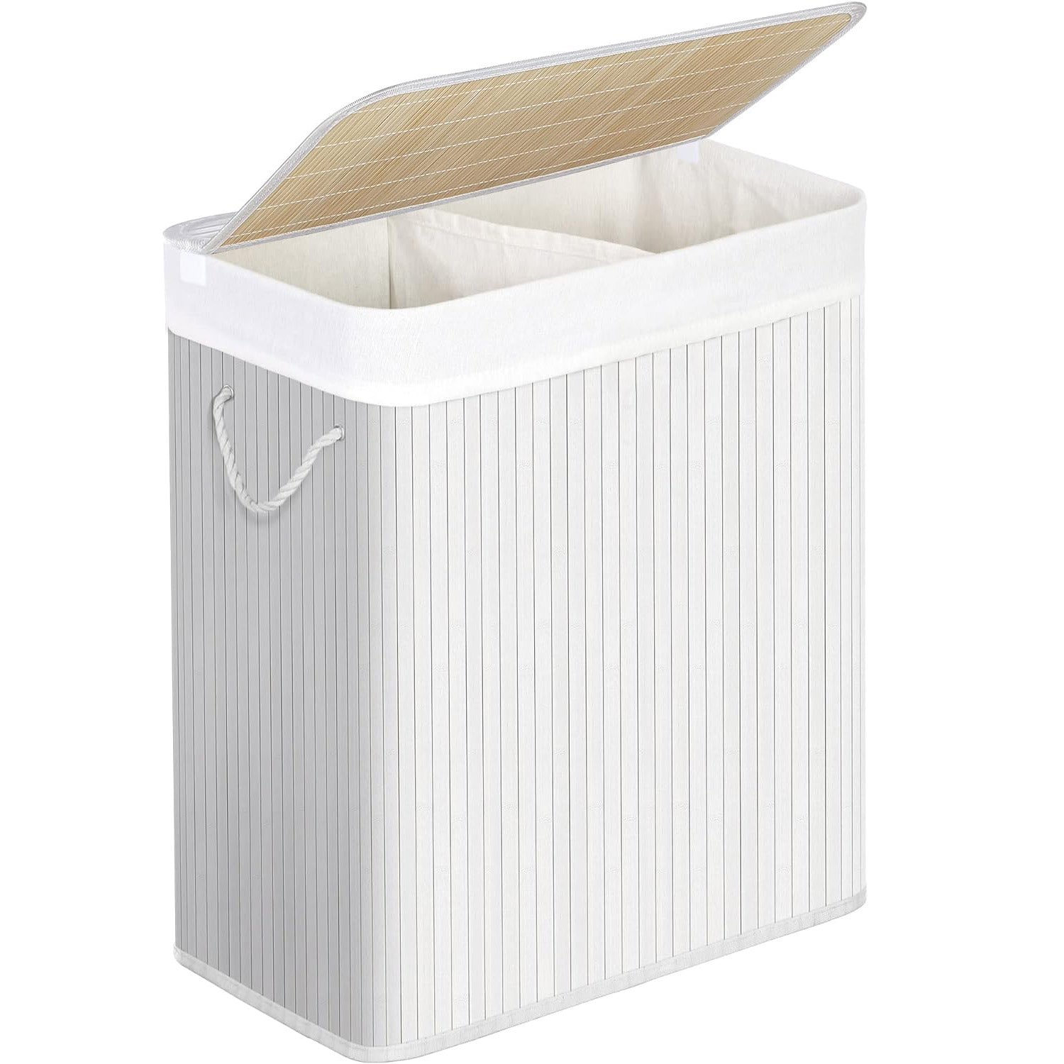 SONGMICS Cos de rufe din bambus cu capac, 2 compartimente, sac detasabil, volum 100L, 52x32x62cm, alb