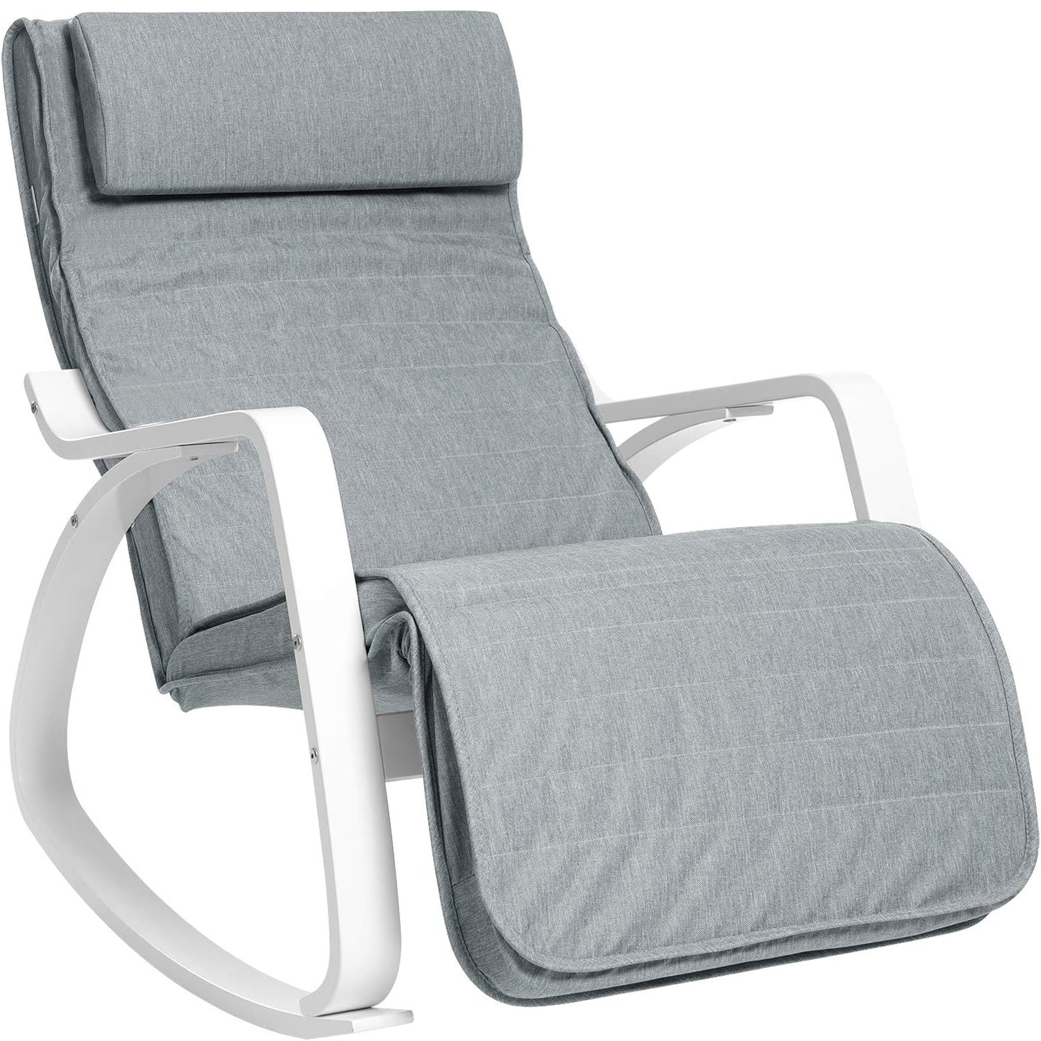 SONGMICS Scaun balansoar din lemn, suport picioare reglabil, maxim 150kg, 67x122x84cm, gri deschis