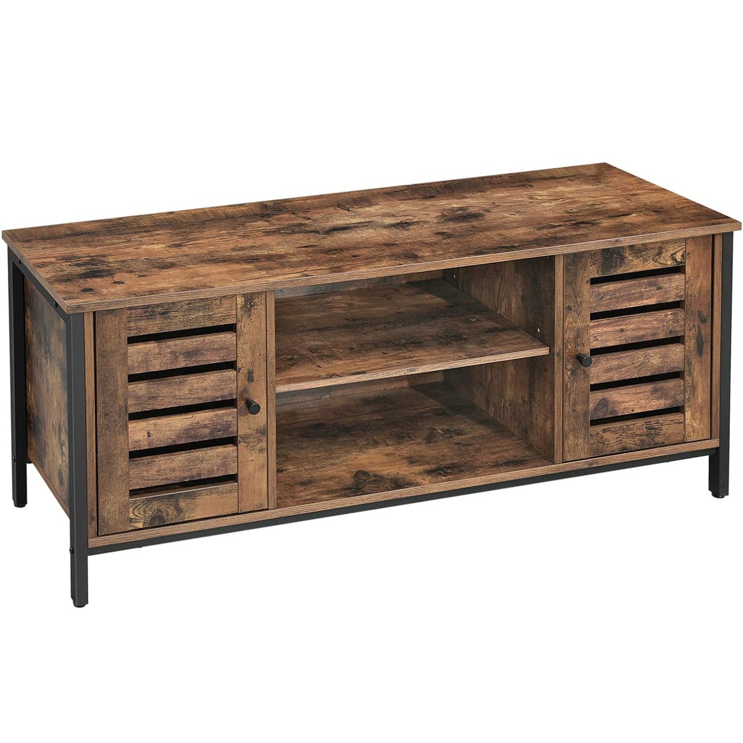 VASAGLE Comoda joasa pentru suport TV, cu rafturi si 2 spatii de depozitare cu usa, stil industrial, 110x40x50cm, maro rustic si negru