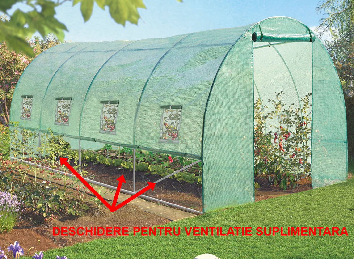 Sera de gradina, tip tunel cu cadru metalic, 200x450cm, verde, 9mp (ventilatie suplimentara)