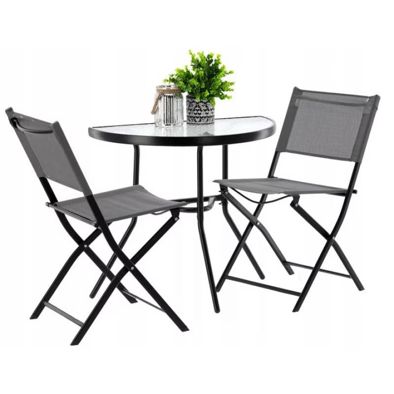 Set mobilier gradina sau balcon, masa semirotund sticla cu 2 scaune pliabile, gri