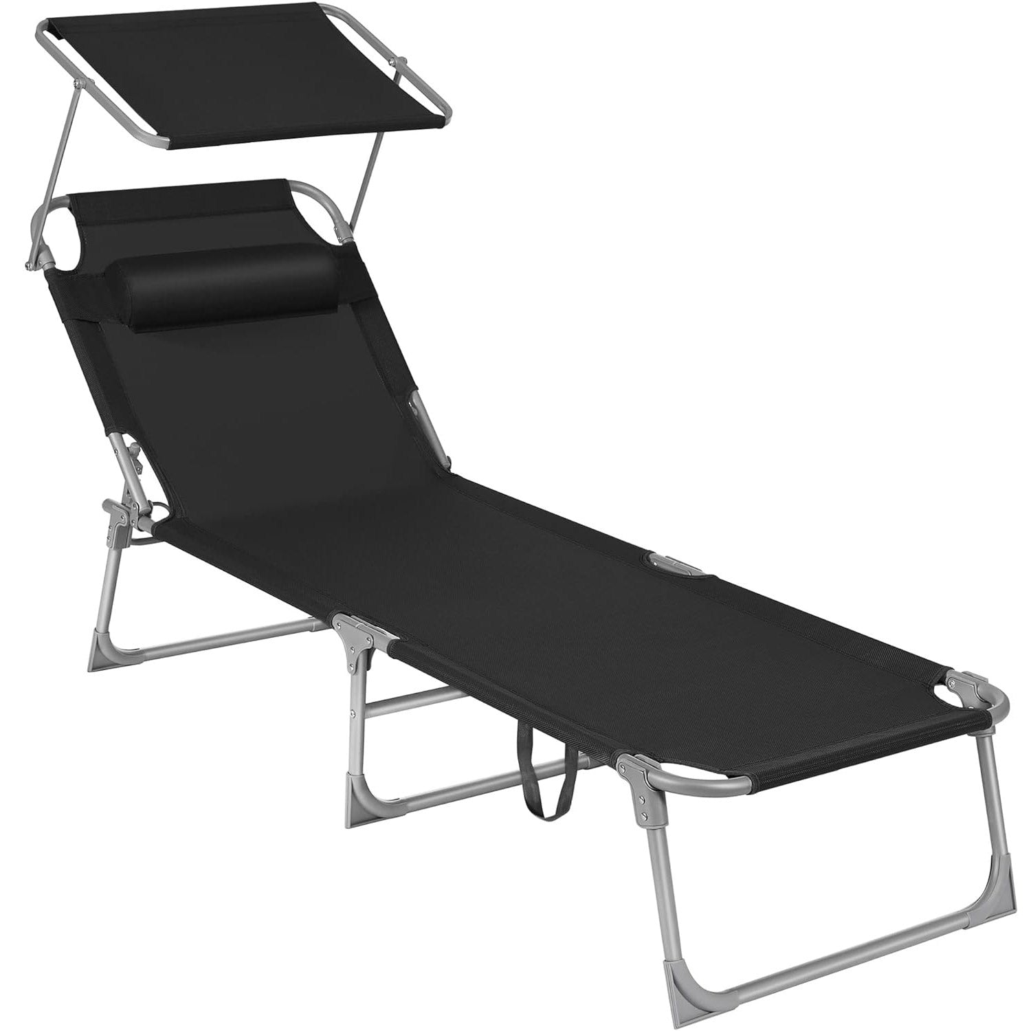SONGMICS Sezlong pliabil, cu parasolar si tetiera, spatar reglabil in 4 pozitii, maxim 150kg, 193x53x29cm, negru