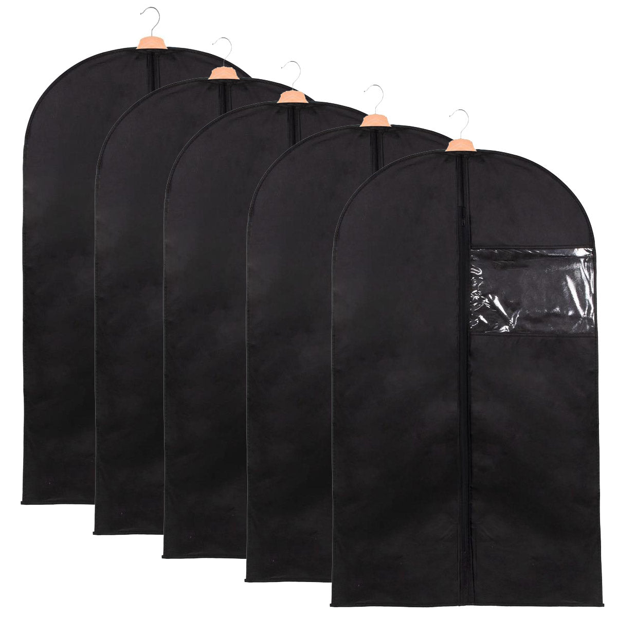 Set 5 huse transport haine, pe umeras, impermeabila cu fereastra, negru, 60x150 cm