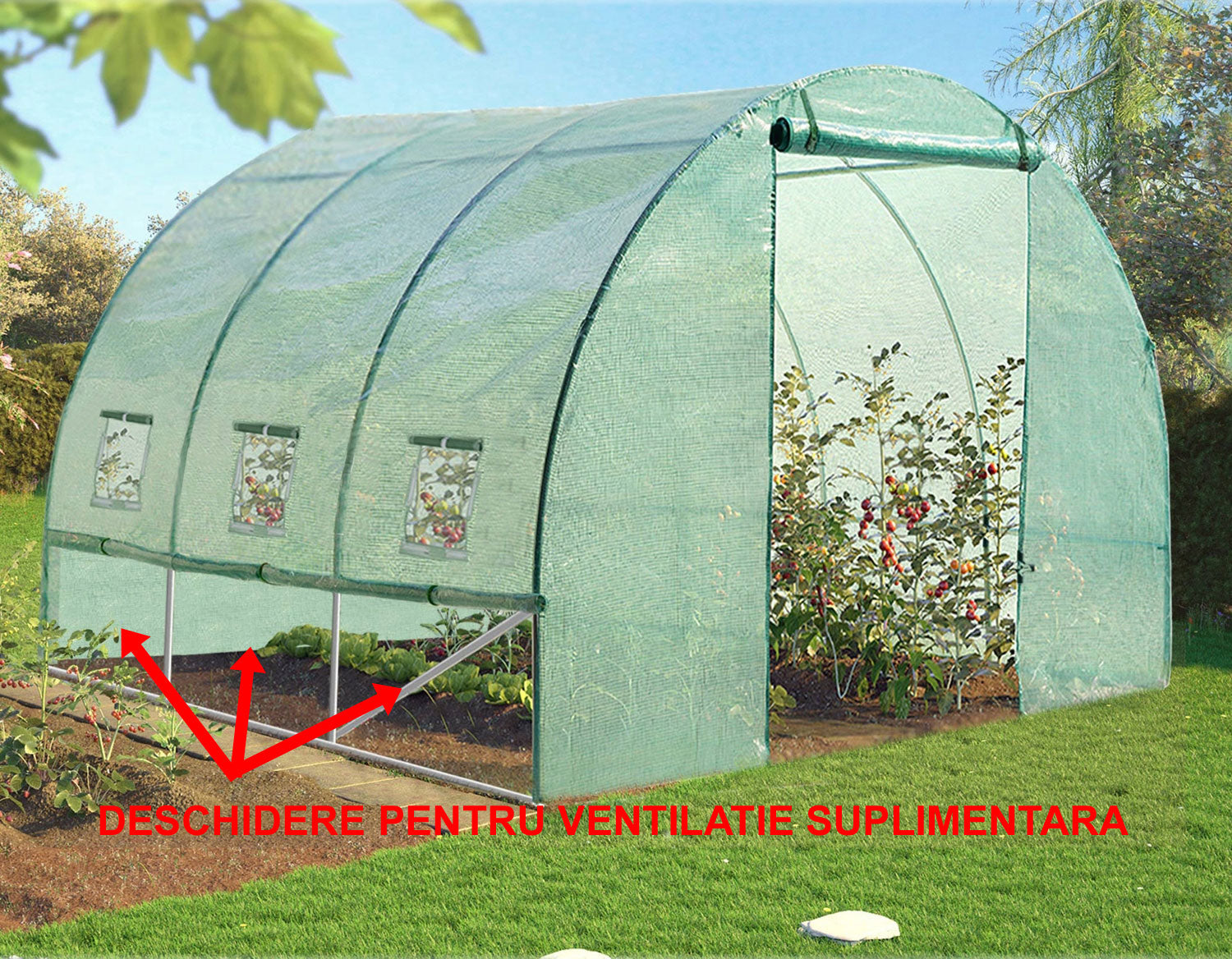 Sera de gradina, tip tunel cu cadru metalic, 300x200cm, verde, 6mp (ventilatie suplimentara)