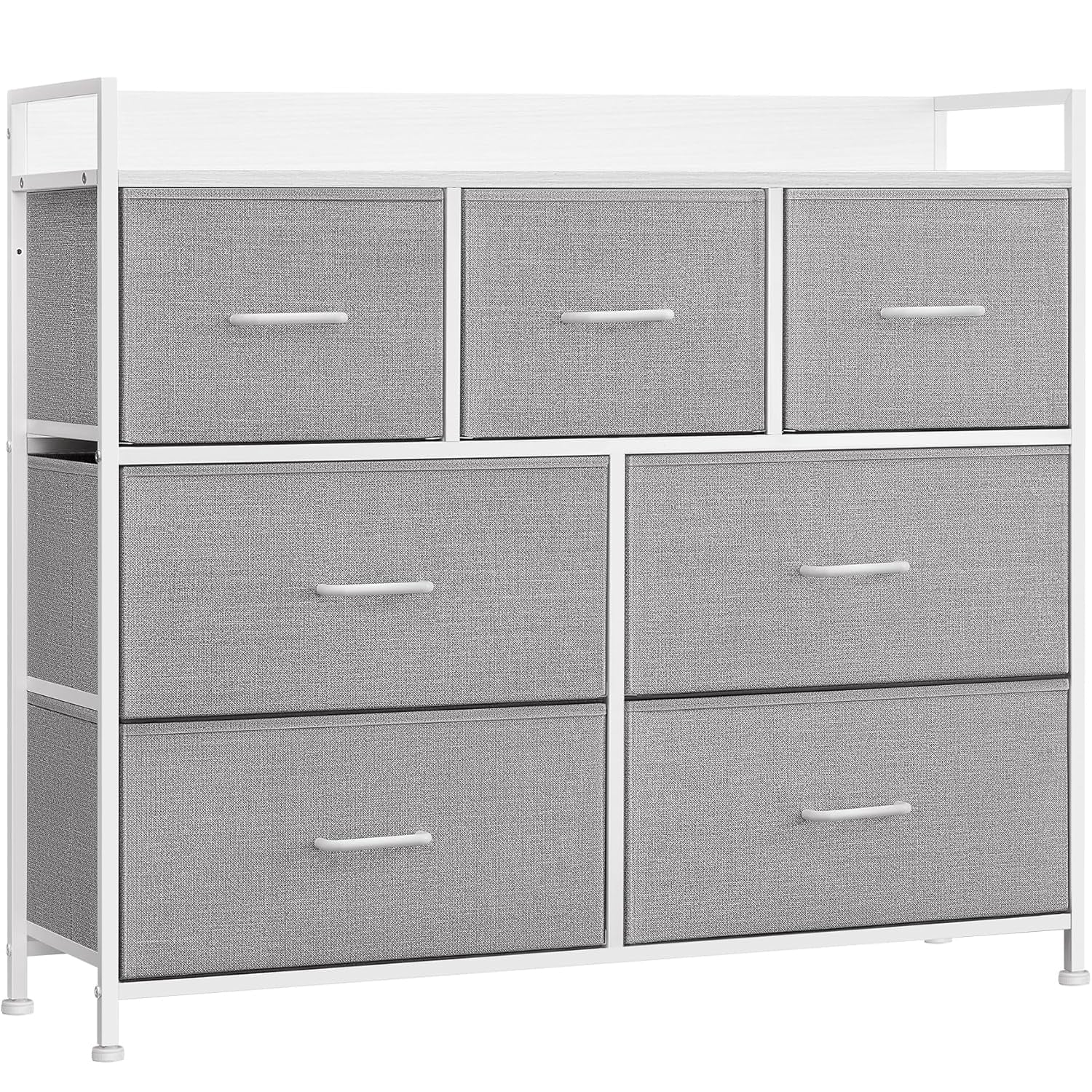 SONGMICS Comoda cu cadru metalic si 7 sertare din stofa, 29x98x85 cm , gri si alb