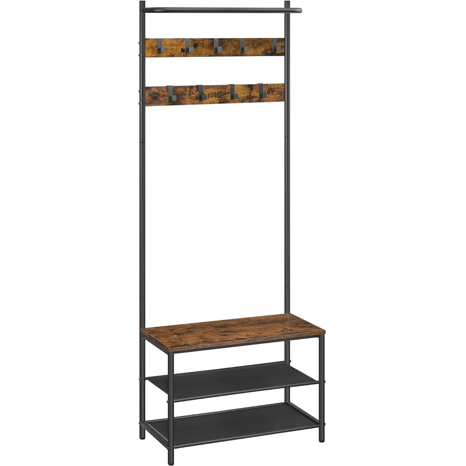 VASAGLE Cuier cu rafturi depozitare pantofi si ​​bara suspendata, industrial, 32x64x180 cm, maro rustic si negru