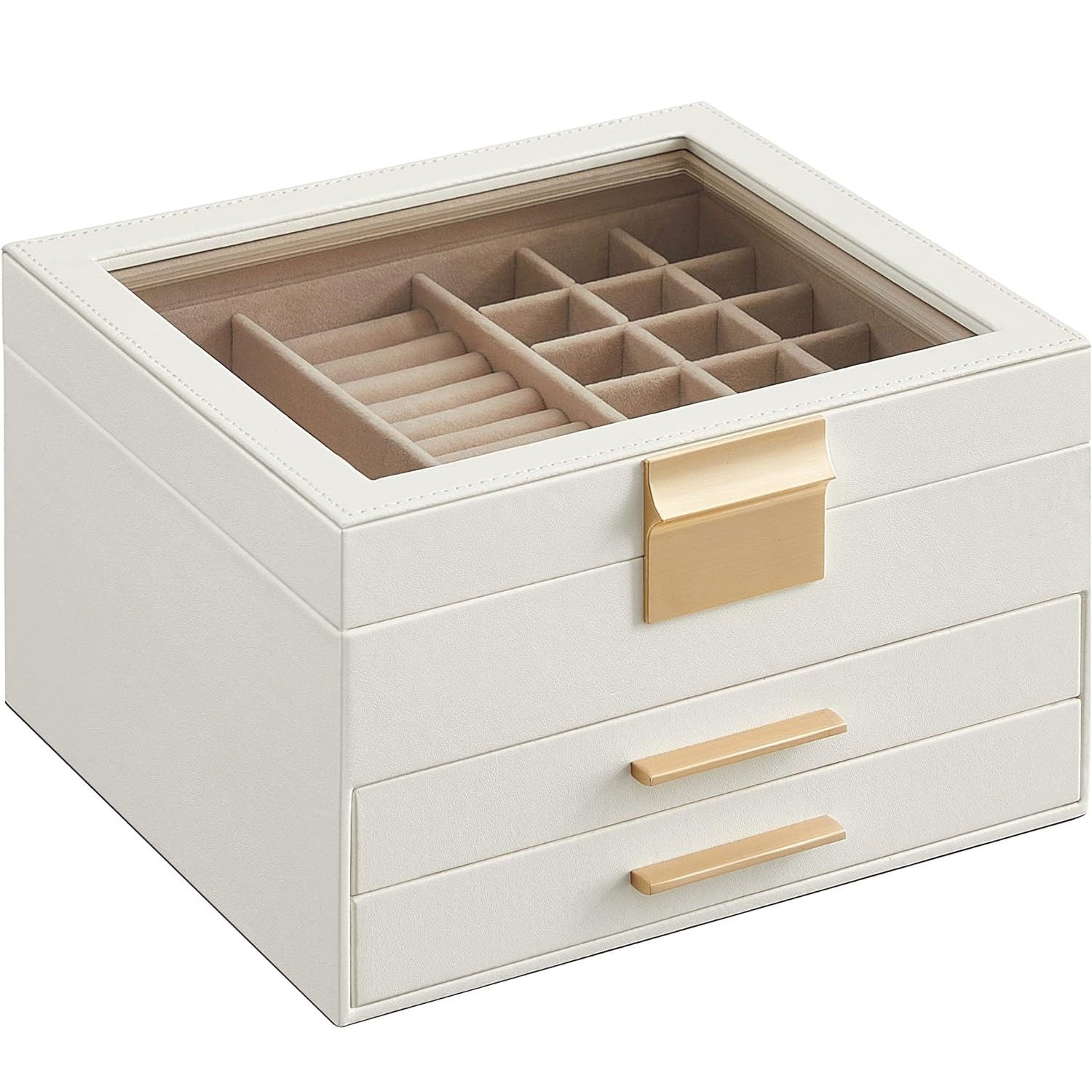 Cutie de bijuterii cu 3 nivele, 2 sertare, capac din sticla, 20x23x14cm, alb si auriu