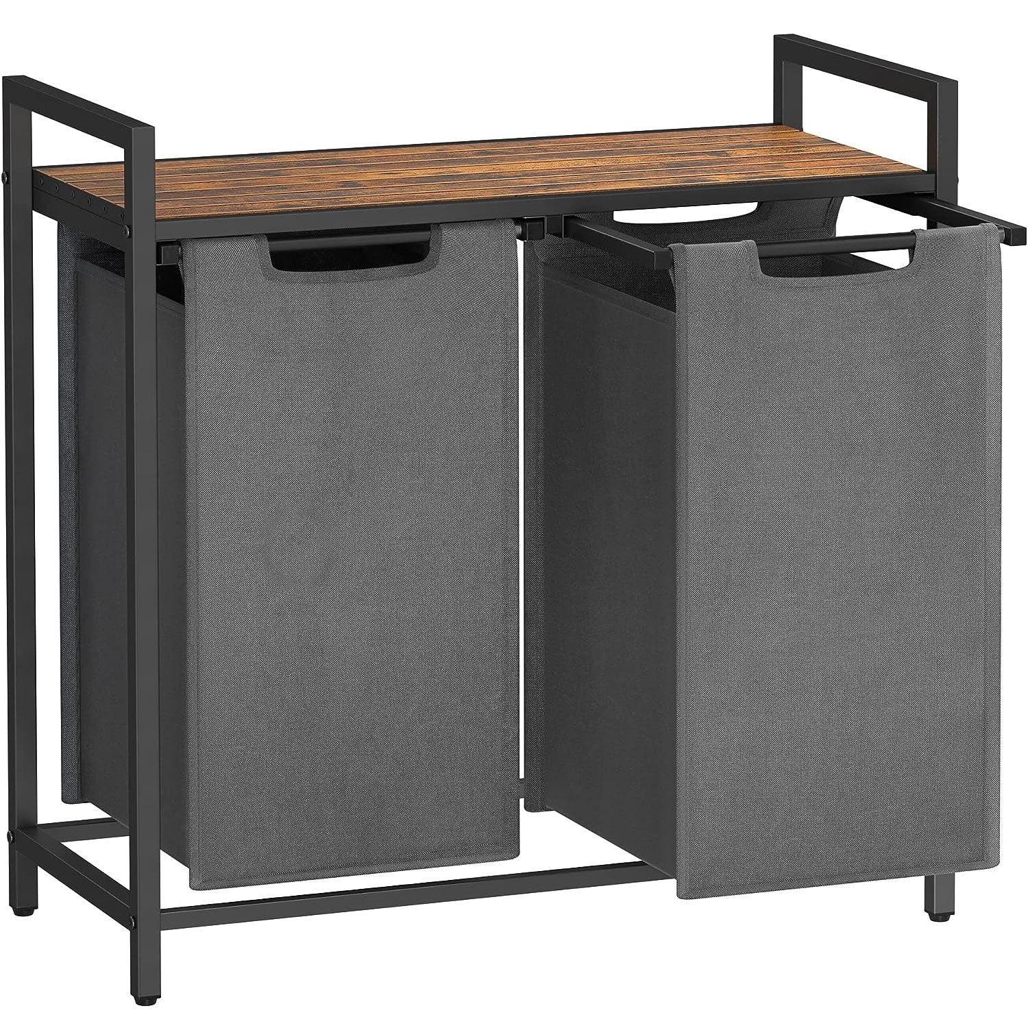 Cos de rufe, 2 compartimente, saci de rufe detasabili, raft, cadru metalic, 2x46L, 73x33x72 cm, maro rustic si gri