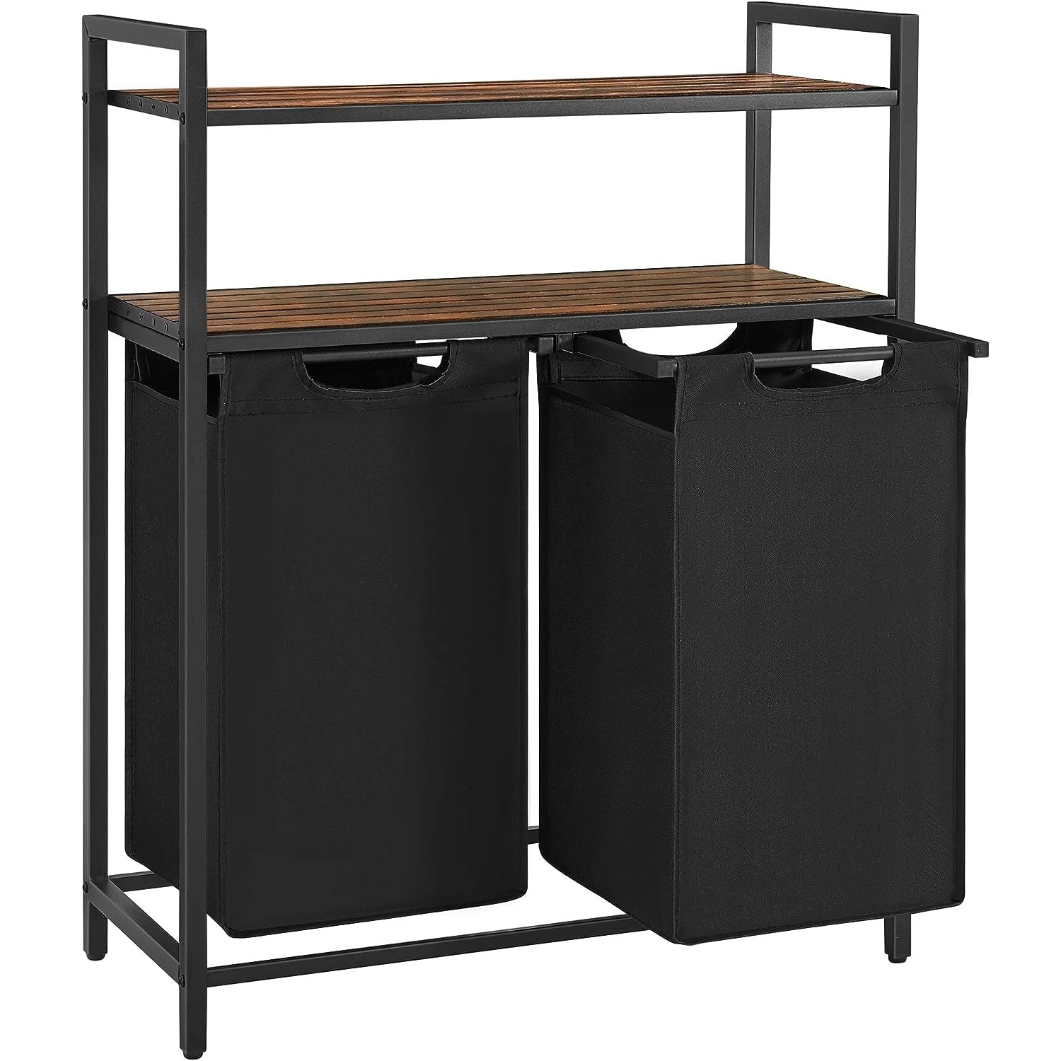 VASAGLE Cos de rufe, cu 2 saci detasabili, 2 rafturi, capacitate de 46L per sac, 73x33x72cm , maro rustic si negru