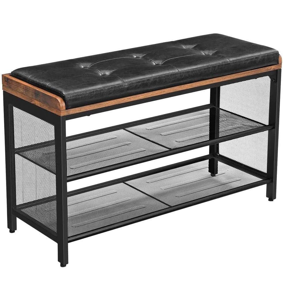 VASAGLE Banca pentru hol, cu raft suport de pantofi, sezut captusit imitatie piele, design industrial, 30x80x48cm, negru cu maro