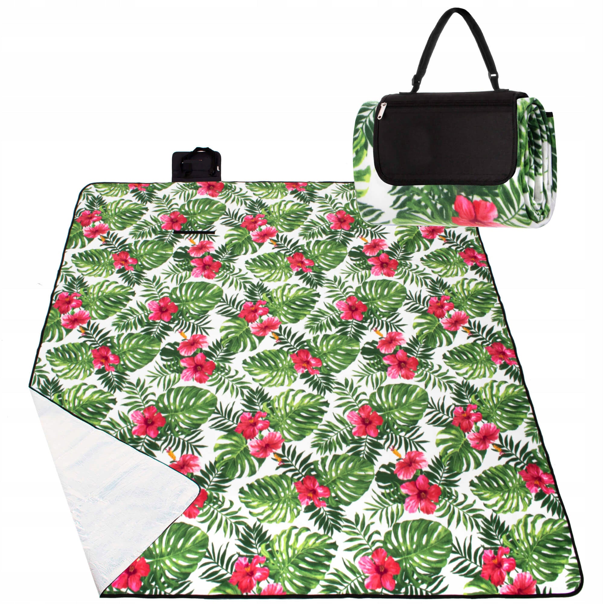 Patura pentru picnic sau plaja, cu folie izolatoare si maner, 160x200cm, floral