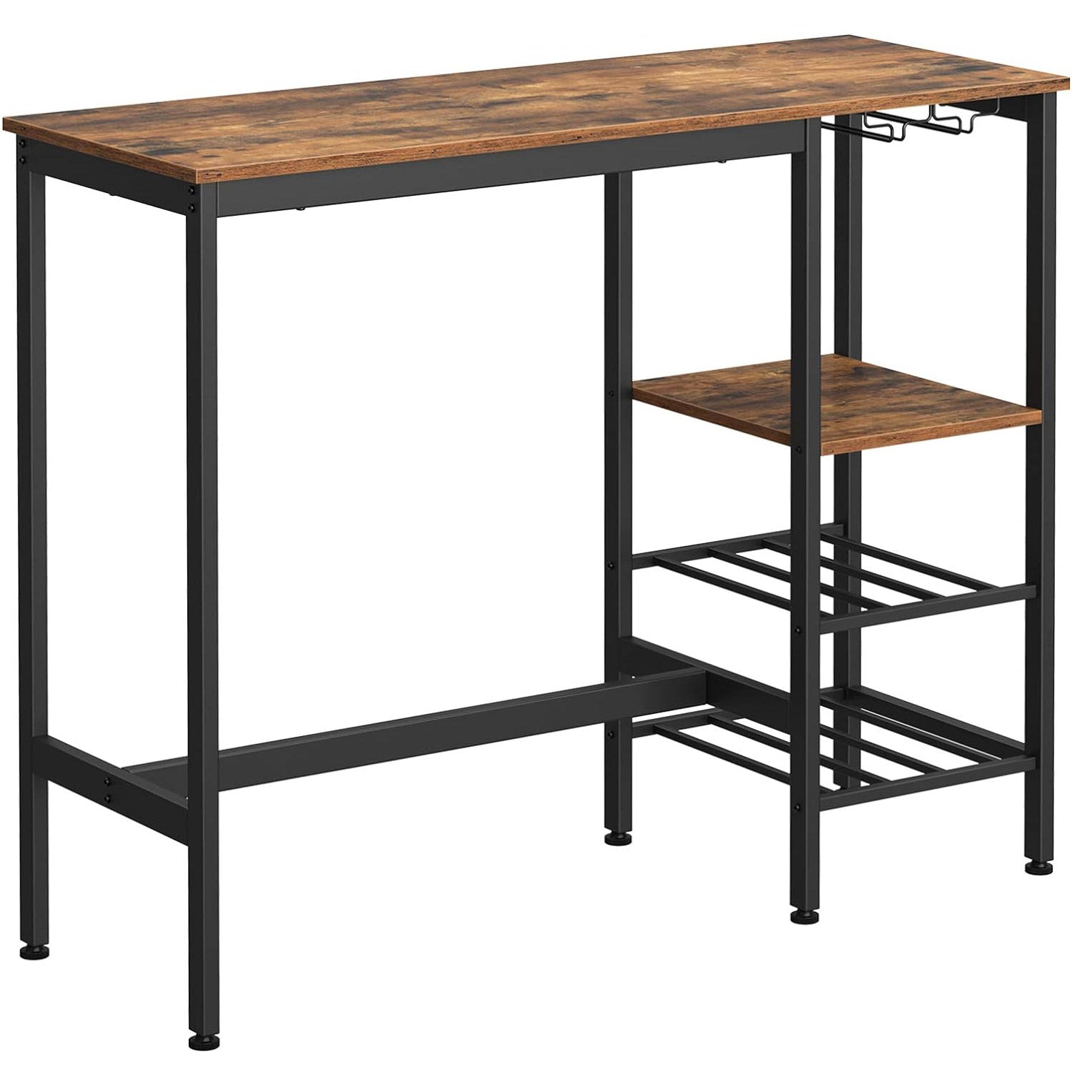 Masa inalta de bar, cu suport pentru sticle si pahare de vin, 110x40x90cm, maro rustic si negru