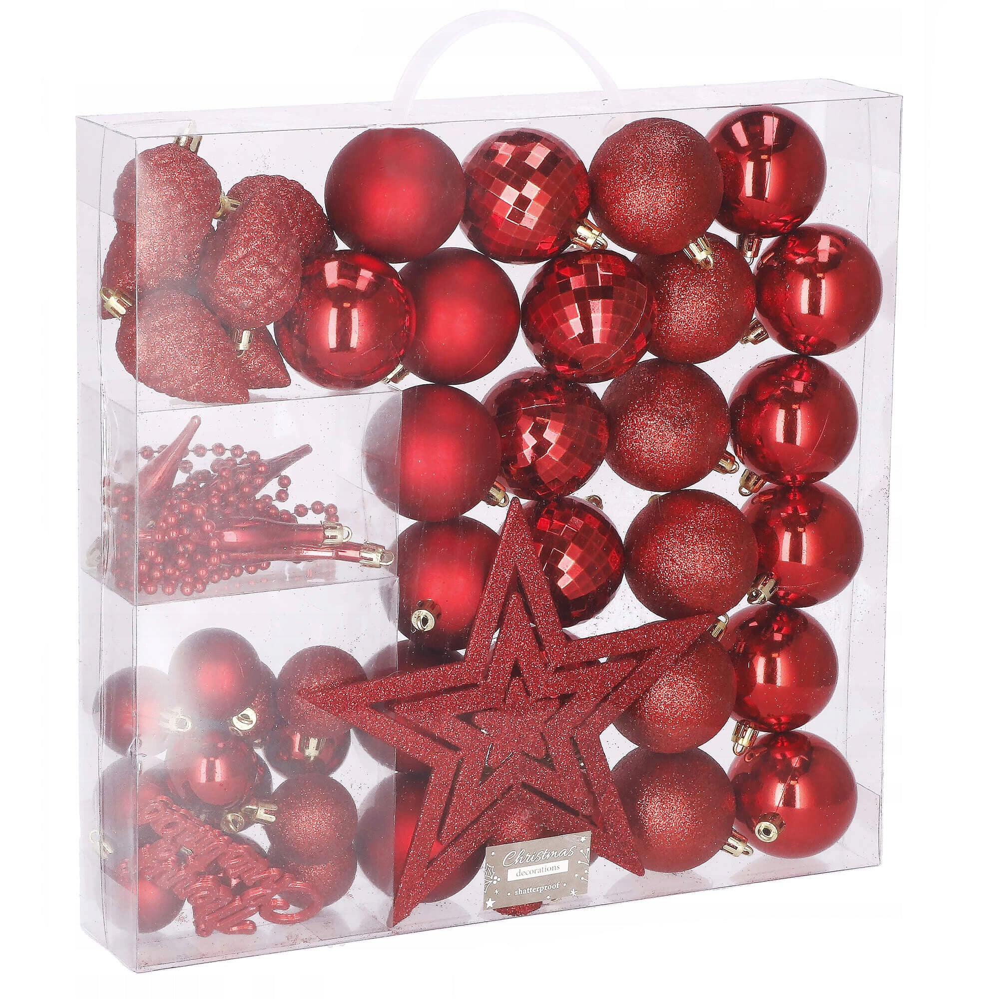 Set globuri si decoratiuni de Craciun, 51 piese, diverse dimensiuni, rosu