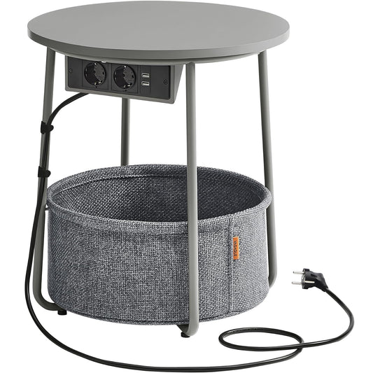 VASAGLE Masuta de cafea rotunda cu cos de stofa, statie de incarcare 2 prize si 2 USB, 45x50cm, gri argintiu