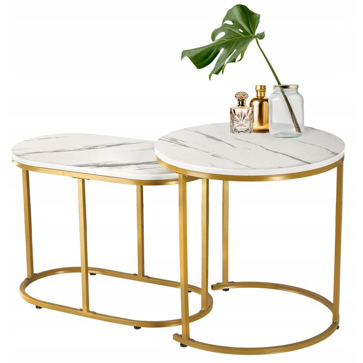 Set 2 mese pentru cafea, cadru otel, blat MDF model marmura, 50x50x50 cm si 60x32x44 cm, alb si auriu - 2