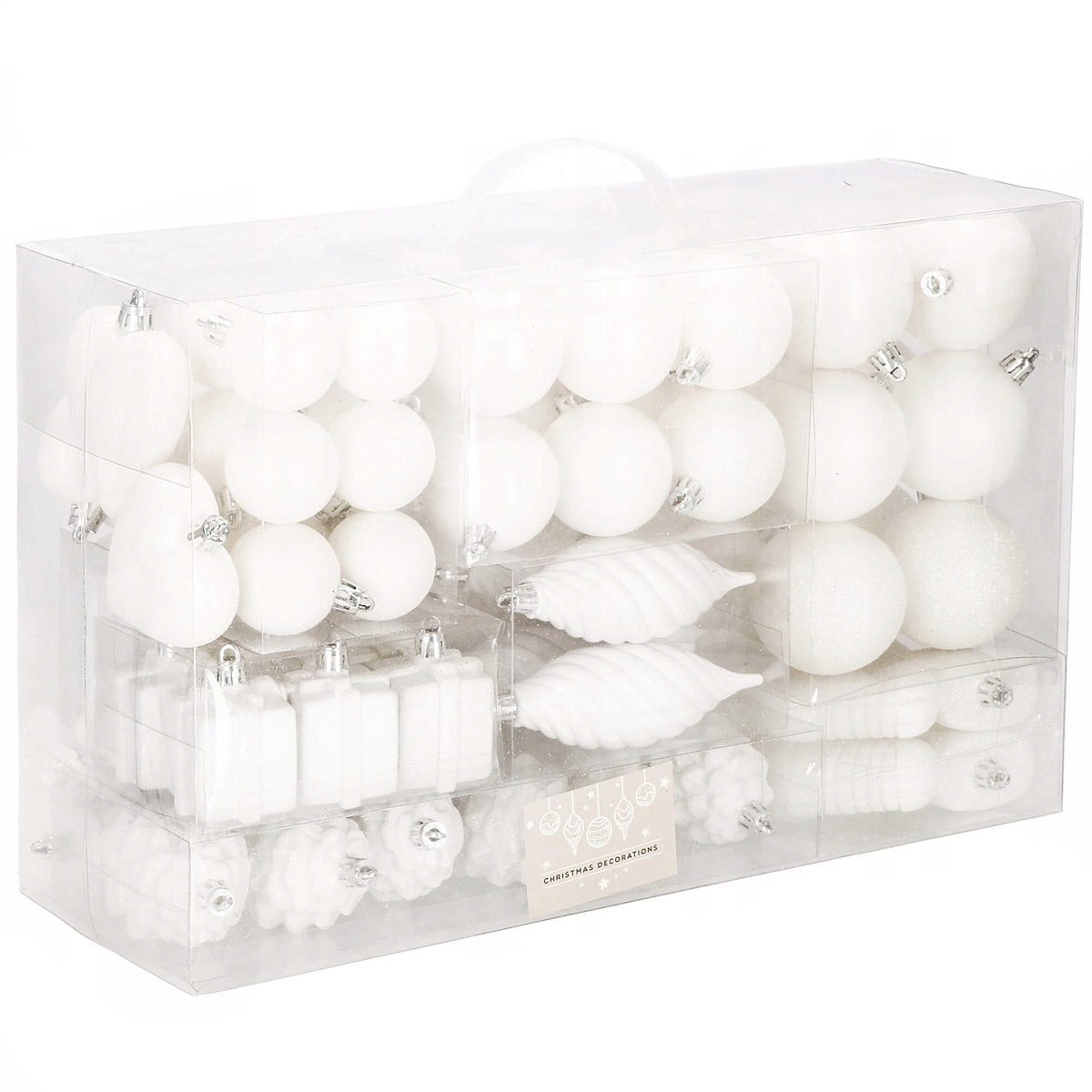 Set globuri si decoratiuni de Craciun, 72 piese, diverse dimensiuni, alb