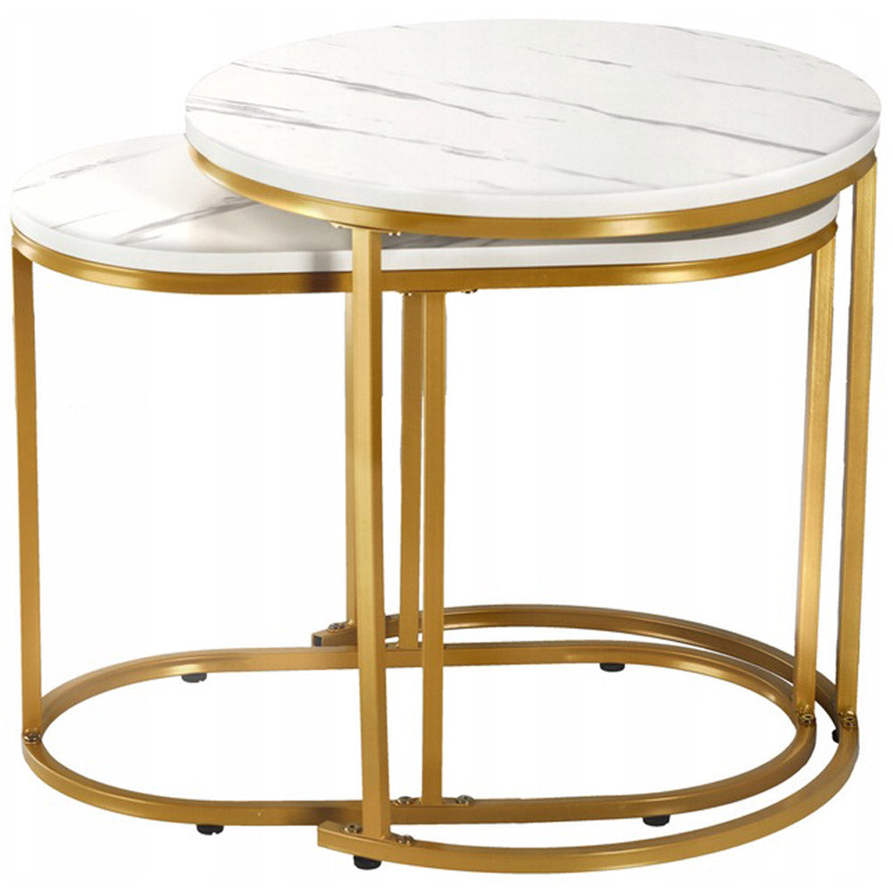 Set 2 mese pentru cafea, cadru otel, blat MDF model marmura, 50x50x50 cm si 60x32x44 cm, alb si auriu