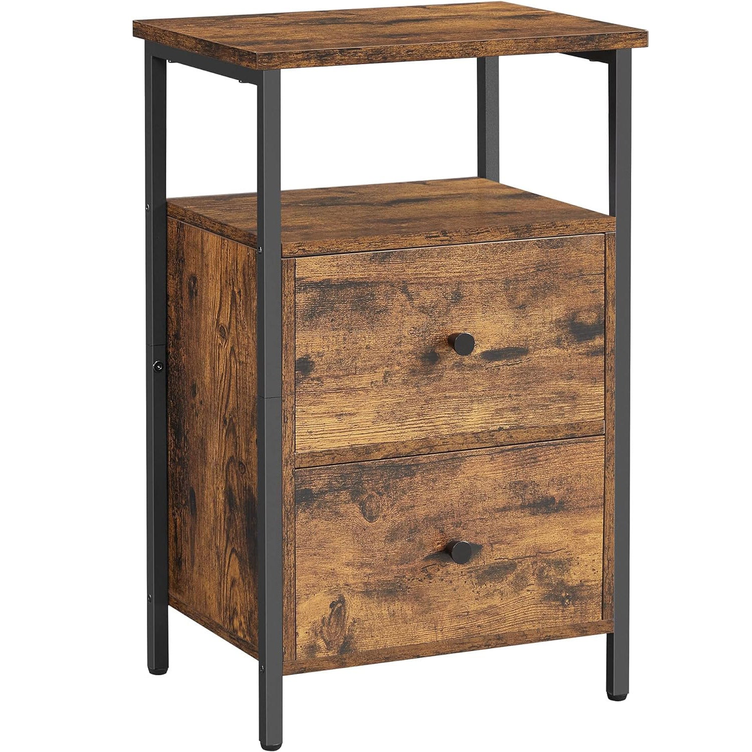 Noptiera cu 2 sertare pentru dormitor, design industrial, 28x38x60cm, maro si negru