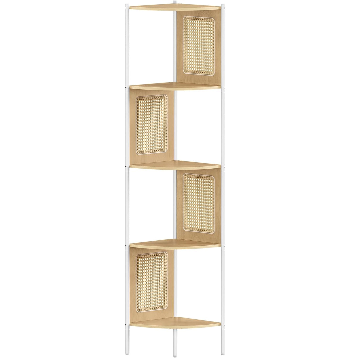 VASAGLE Raft de colt boho, cadru metalic, polite MDF si panouri poliratan, 32x32x156cm, bej