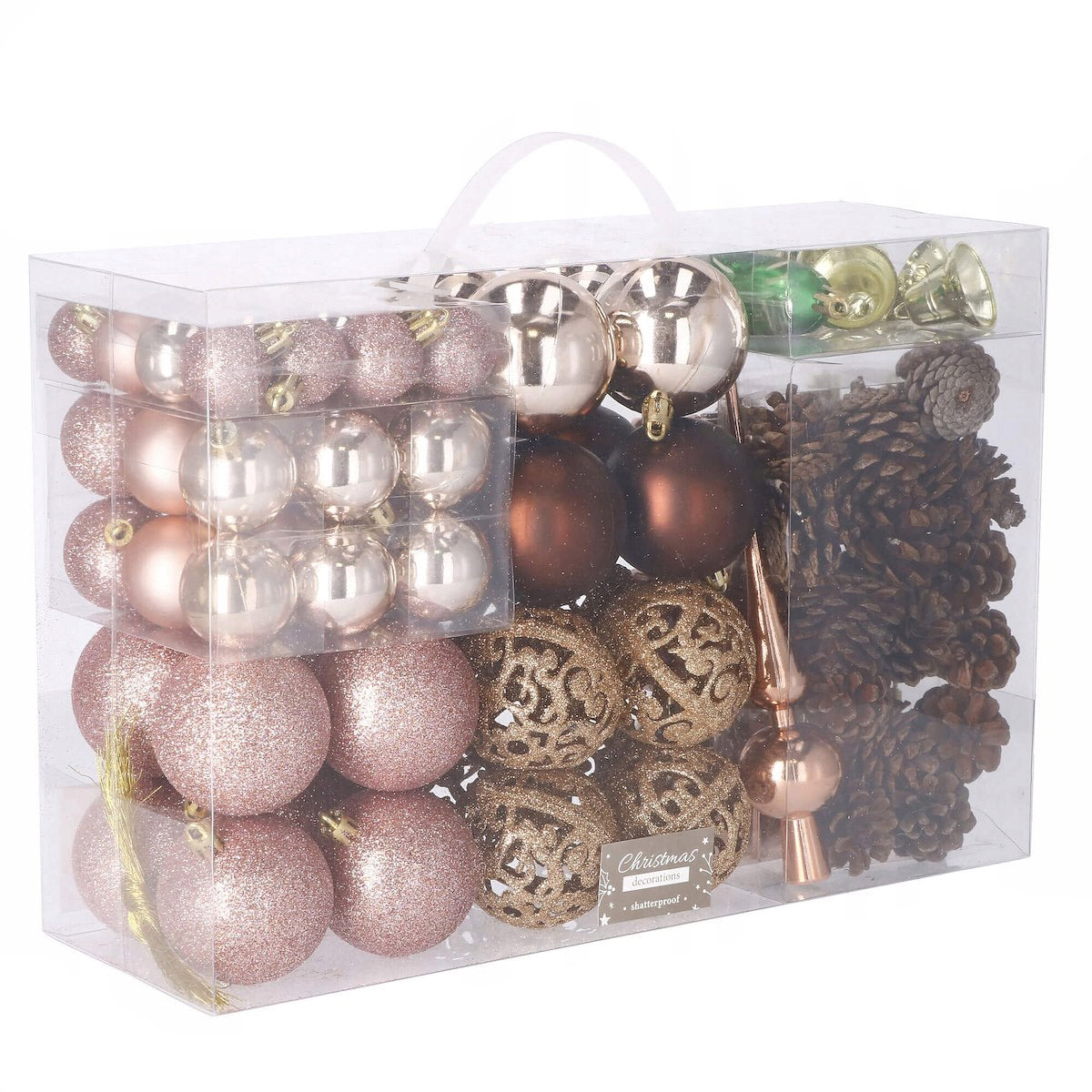 Set globuri si decoratiuni de Craciun, 101 piese, diverse dimensiuni, roz auriu