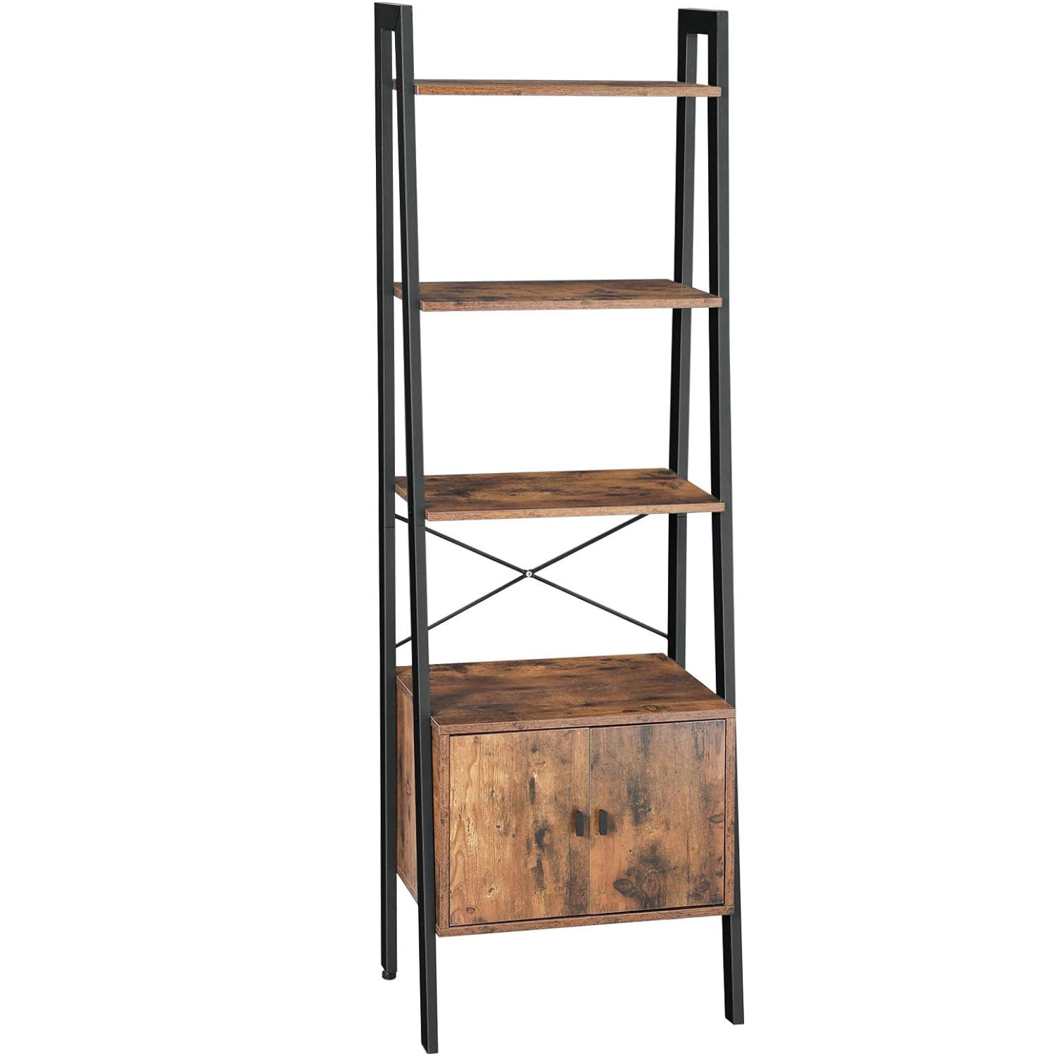 Biblioteca tip scara, cu dulap si 4 rafturi din MDF, stil industrial, 34x56x172cm, maro rustic si negru