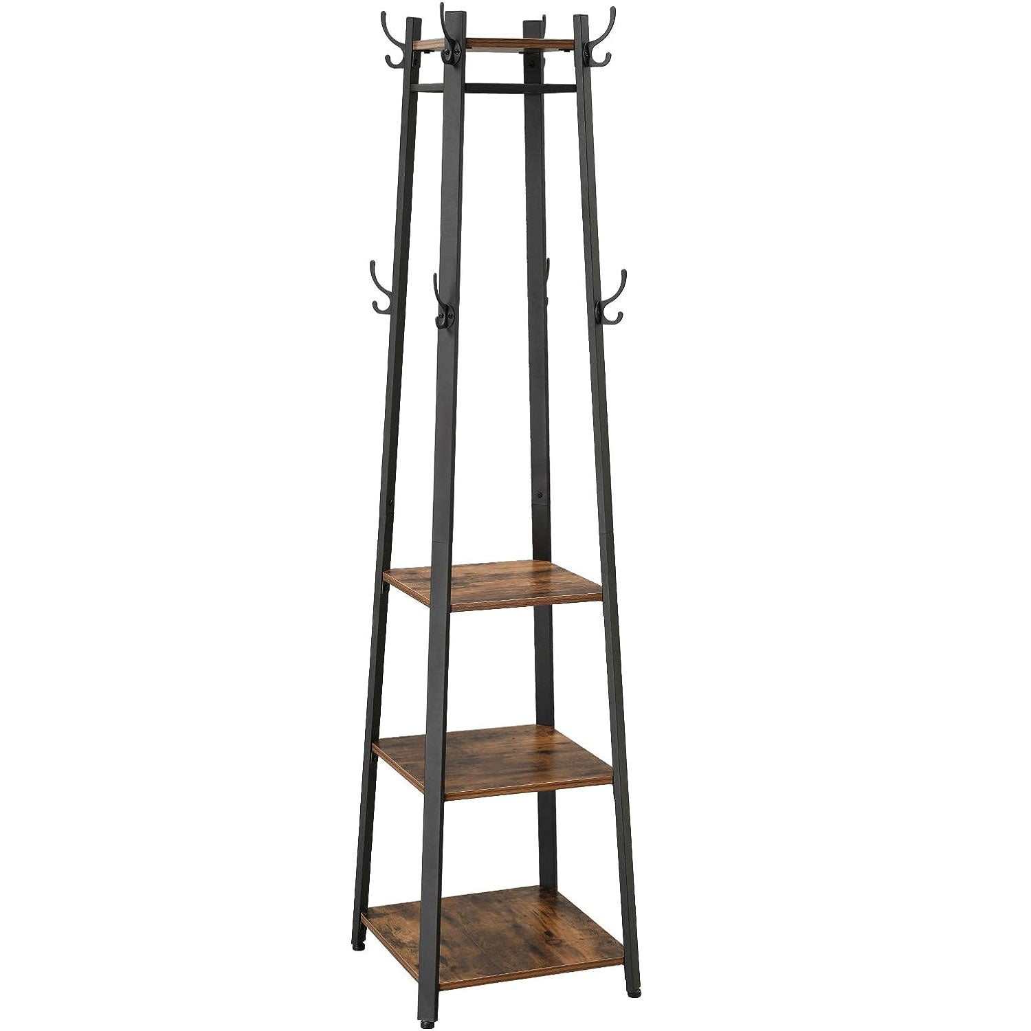 Cuier de haine cu 3 rafturi, suport cu carlige, din otel, 43x43x180 cm, stil industrial, maro rustic si negru