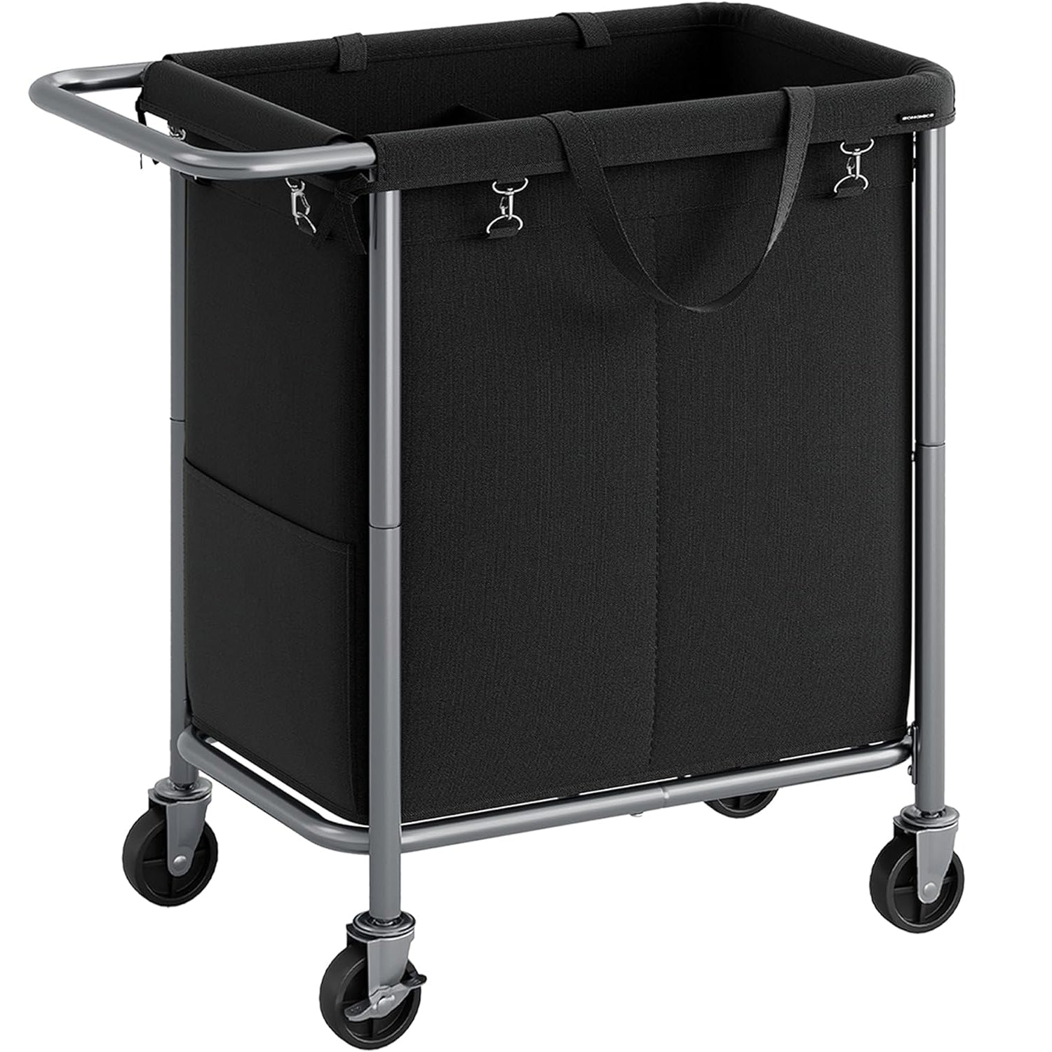 SONGMICS Cos de rufe cu roti, cadru din otel, sac detasabil cu 2 compartimente, 140 litri, 69x39x81cm, negru