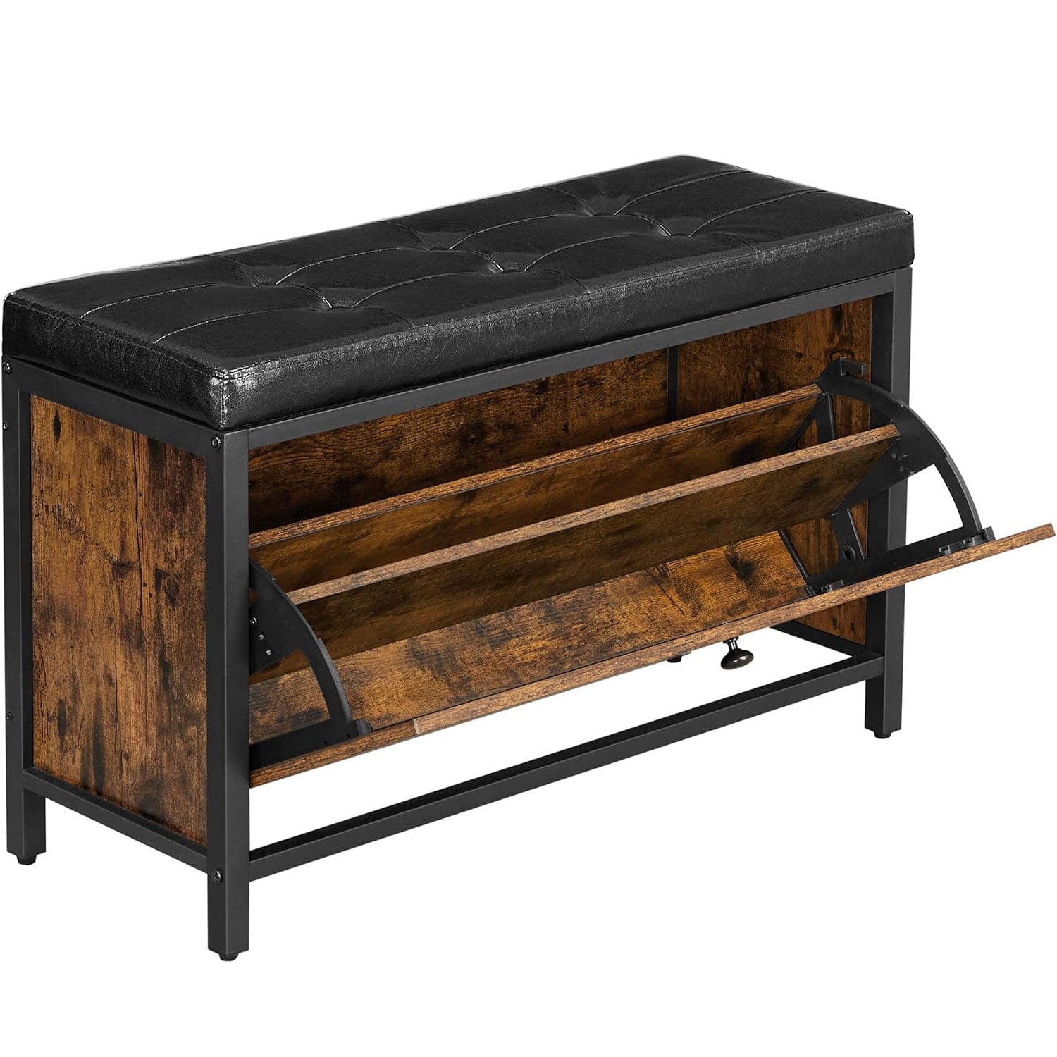 Banca cu organizator pantofi, cu clapeta, 30x80x51cm, industrial vintage, maro cu negru