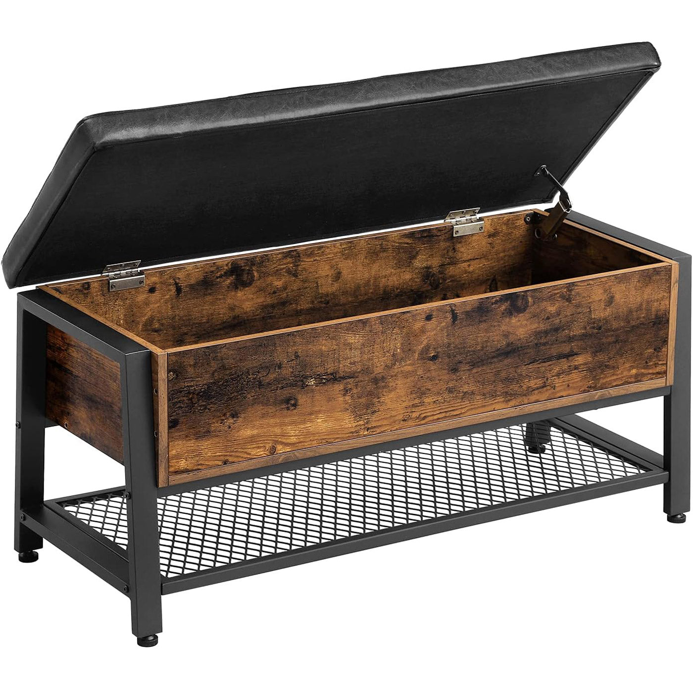 VASAGLE Pantofar de lemn cu spatiu de depozitare tip banca, cu sezut captusit si polita depozitare, stil industrial, 100x40x47cm, maro rustic si negru