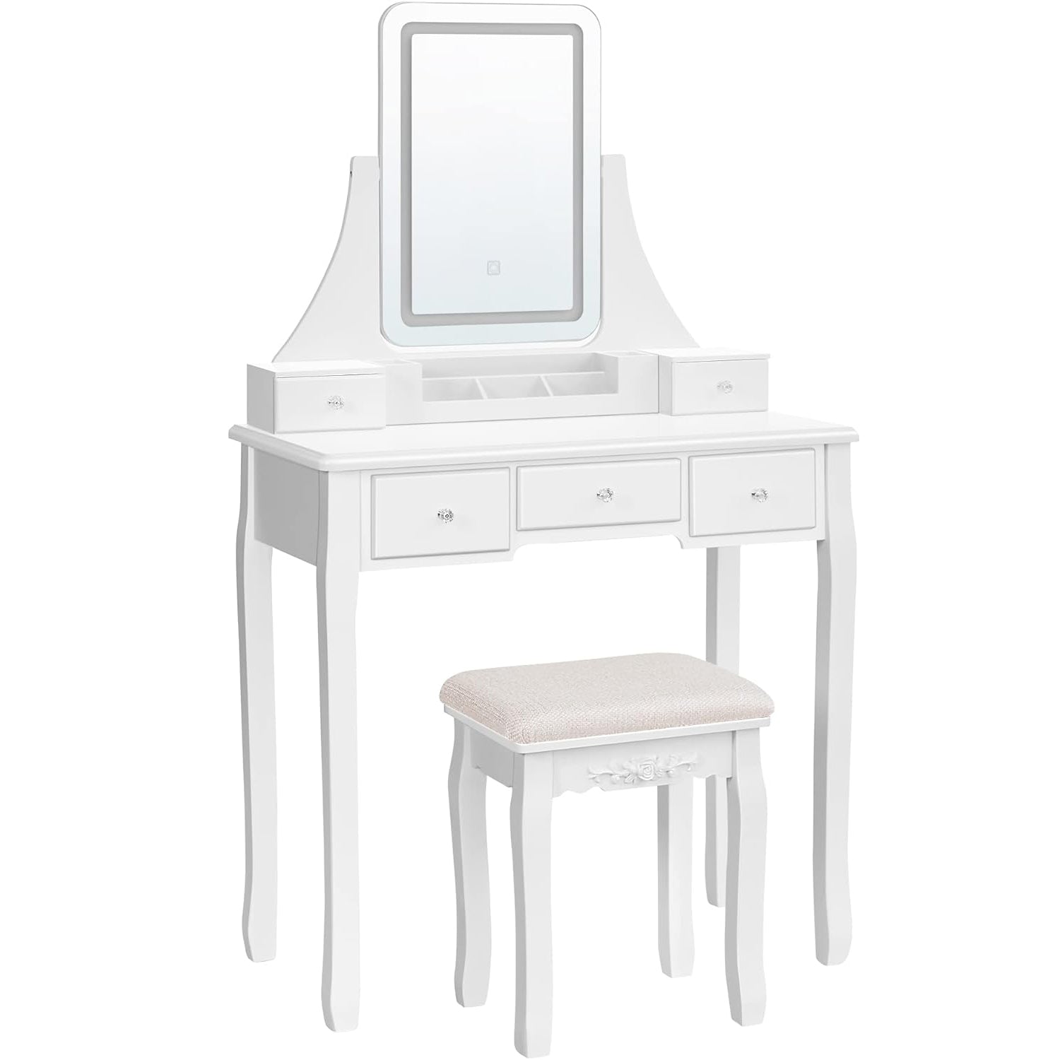 VASAGLE Masa de toaleta cu taburet, oglinda rotativa 360°, iluminare LED reglabila, 80x40x138 cm, alb