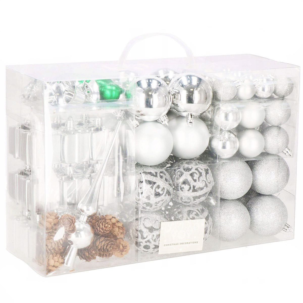 Set globuri si decoratiuni de Craciun, 102 piese, diverse dimensiuni, argintiu