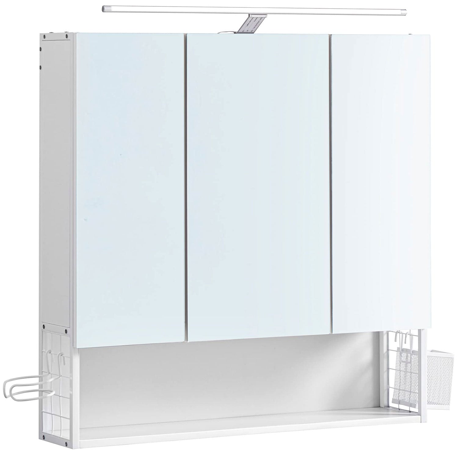 VASAGLE Dulap de baie de perete, 3 usi cu oglinda, compartiment deschis, 15x70x70cm, alb