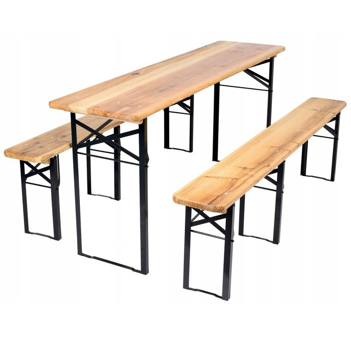 Set berarie din lemn masiv, pliabil, pentru terasa sau gradina, o masa si doua banci, 177x46cm, natur