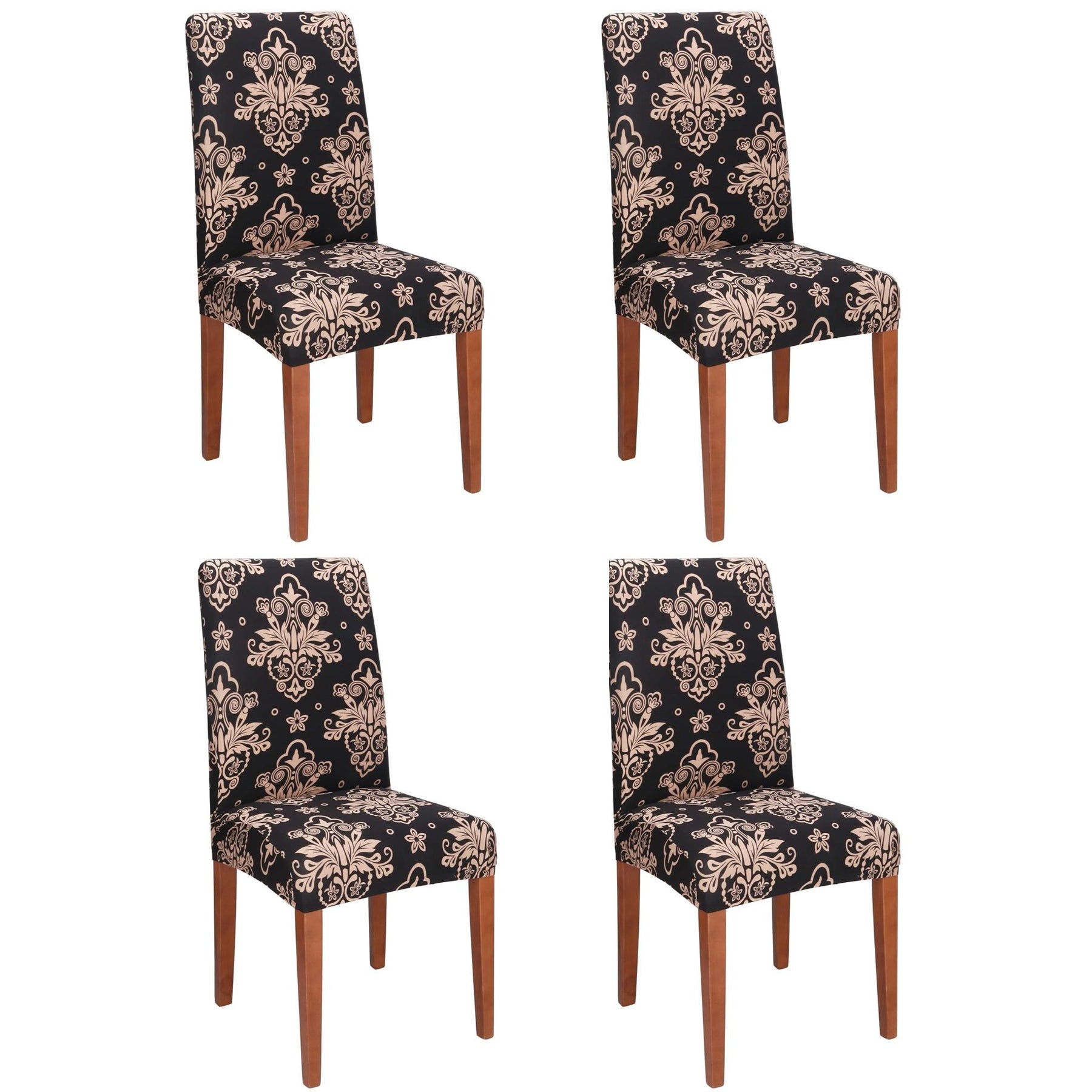 Set 4 huse pentru scaun, marime universala, poliester si spandex, 38x70cm, negru, bej