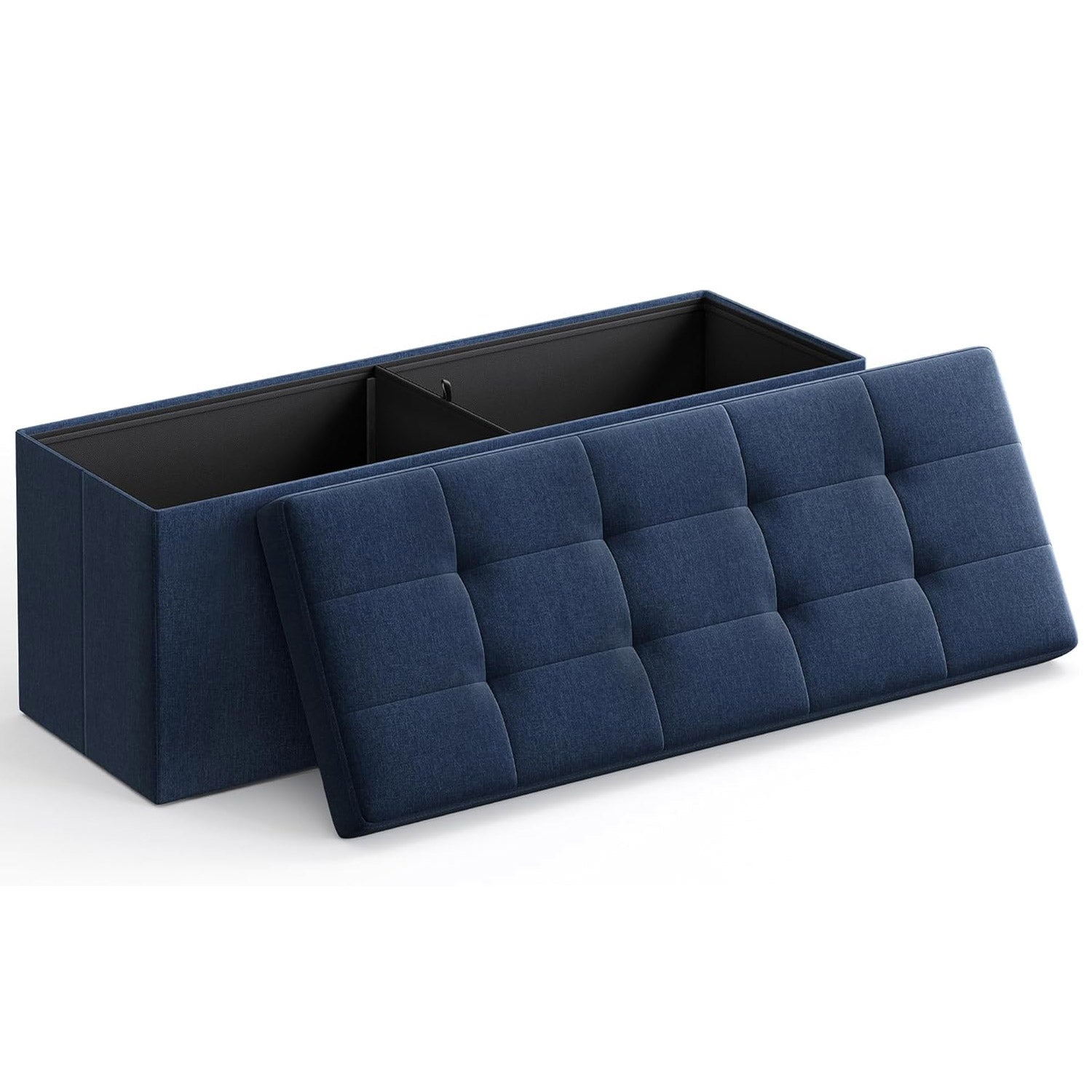Taburet pliabil cu sezut moale, spatiu de depozitare 131litri, maxim 300kg, 110x38x38cm, albastru inchis