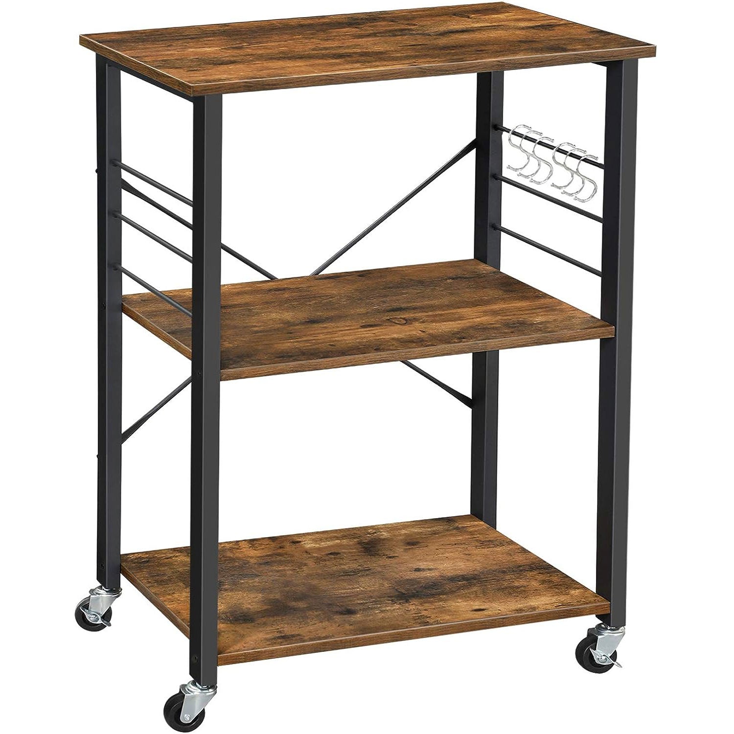 VASAGLE Raft de bucatarie pe roti, carucior de servire cu 3 rafturi, cadru metalic, 40x60x89cm design industrial, maro rustic