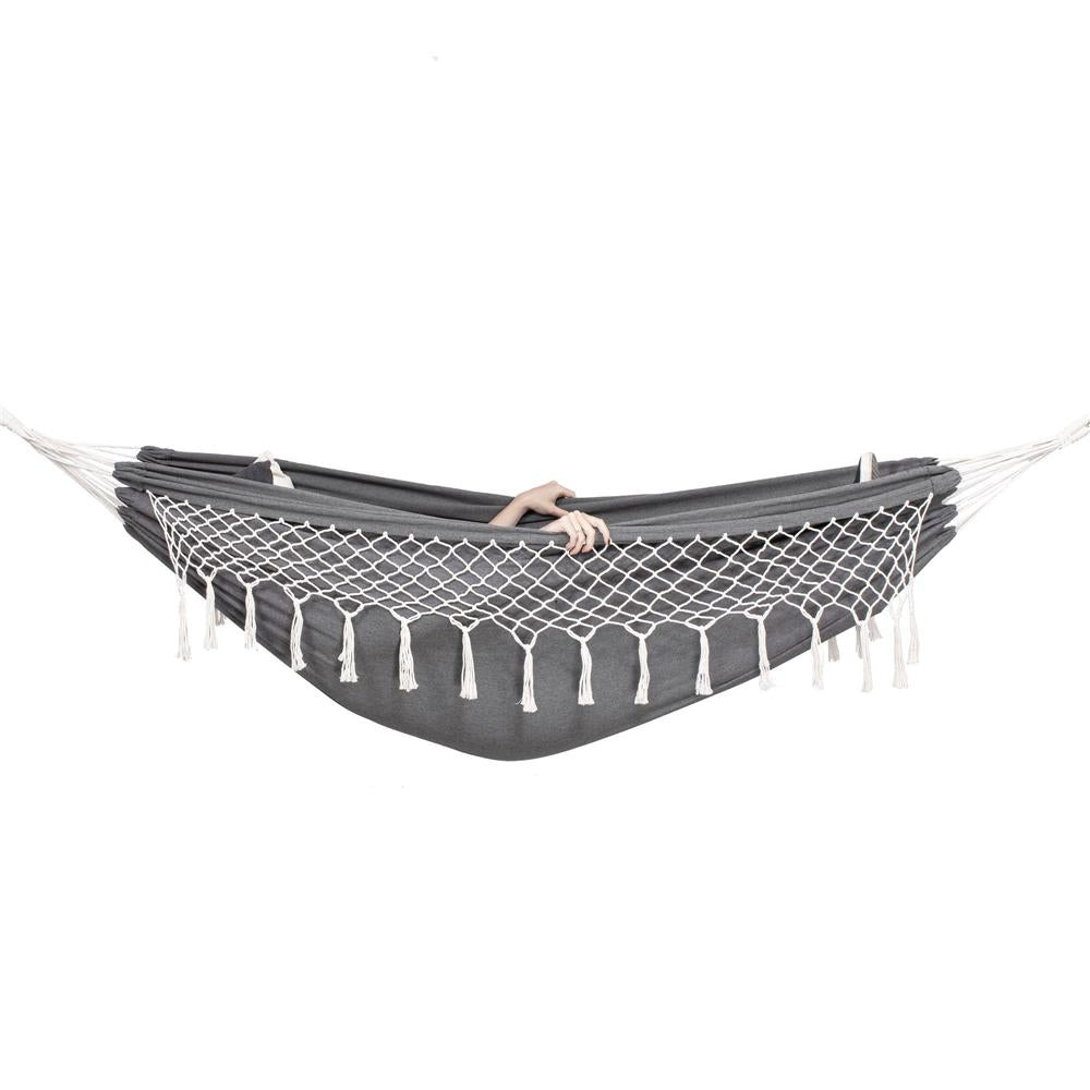 Hamac doua persoane cu franjuri si 2 perne, 200kg, 200×150 cm, gri inchis