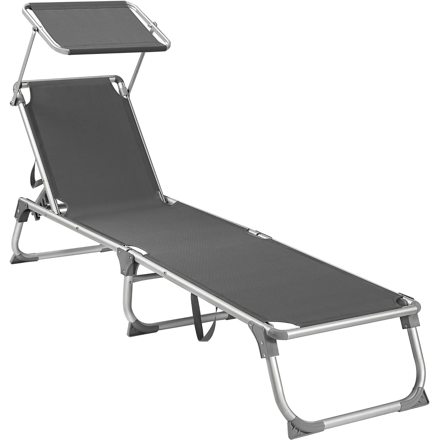 SONGMICS Sezlong pliabil, cu parasolar, spatar reglabil in 5 pozitii, maxim 150kg, 193x55x31cm, gri