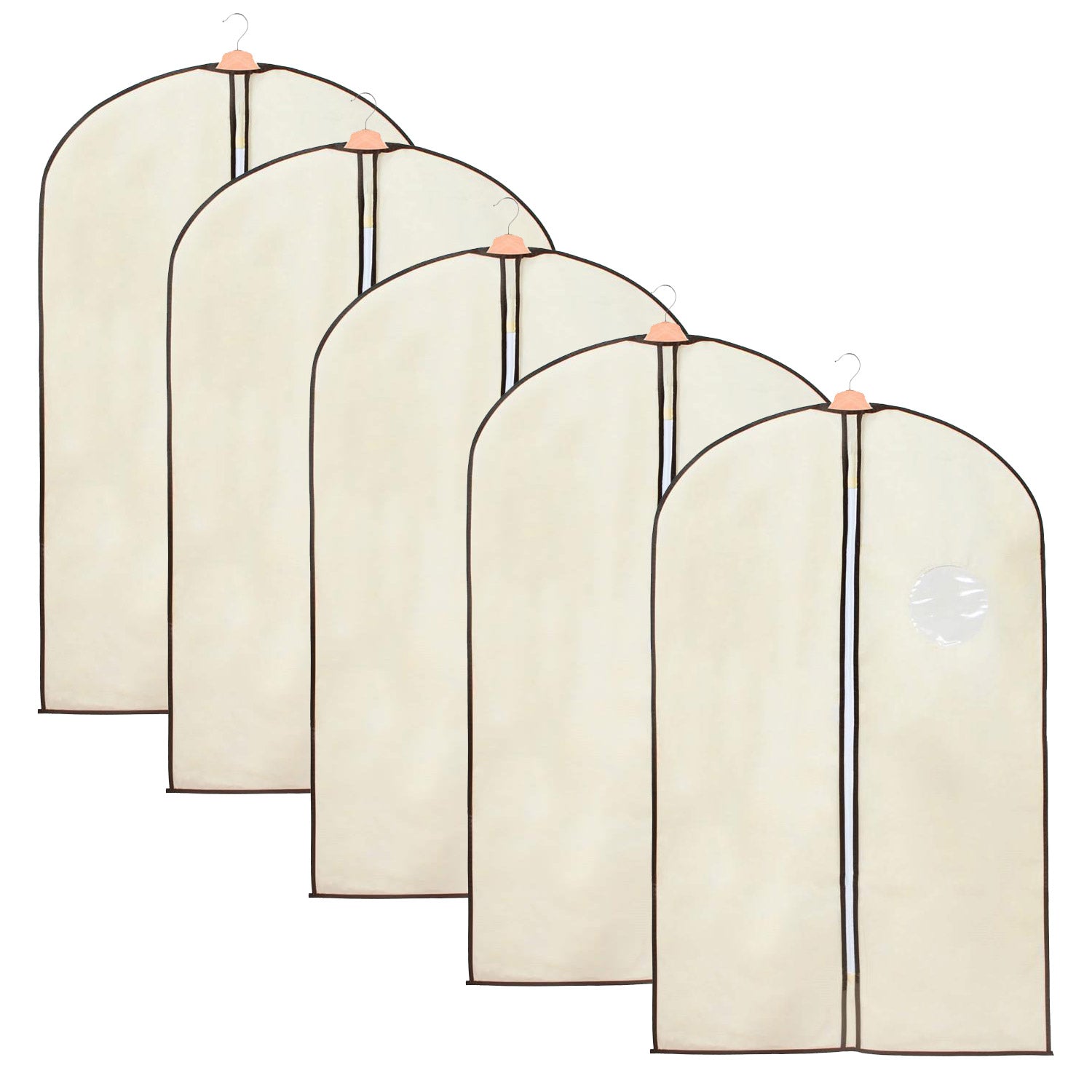Set 5 huse transport haine, pe umeras, impermeabila cu fereastra, crem, 60x100 cm