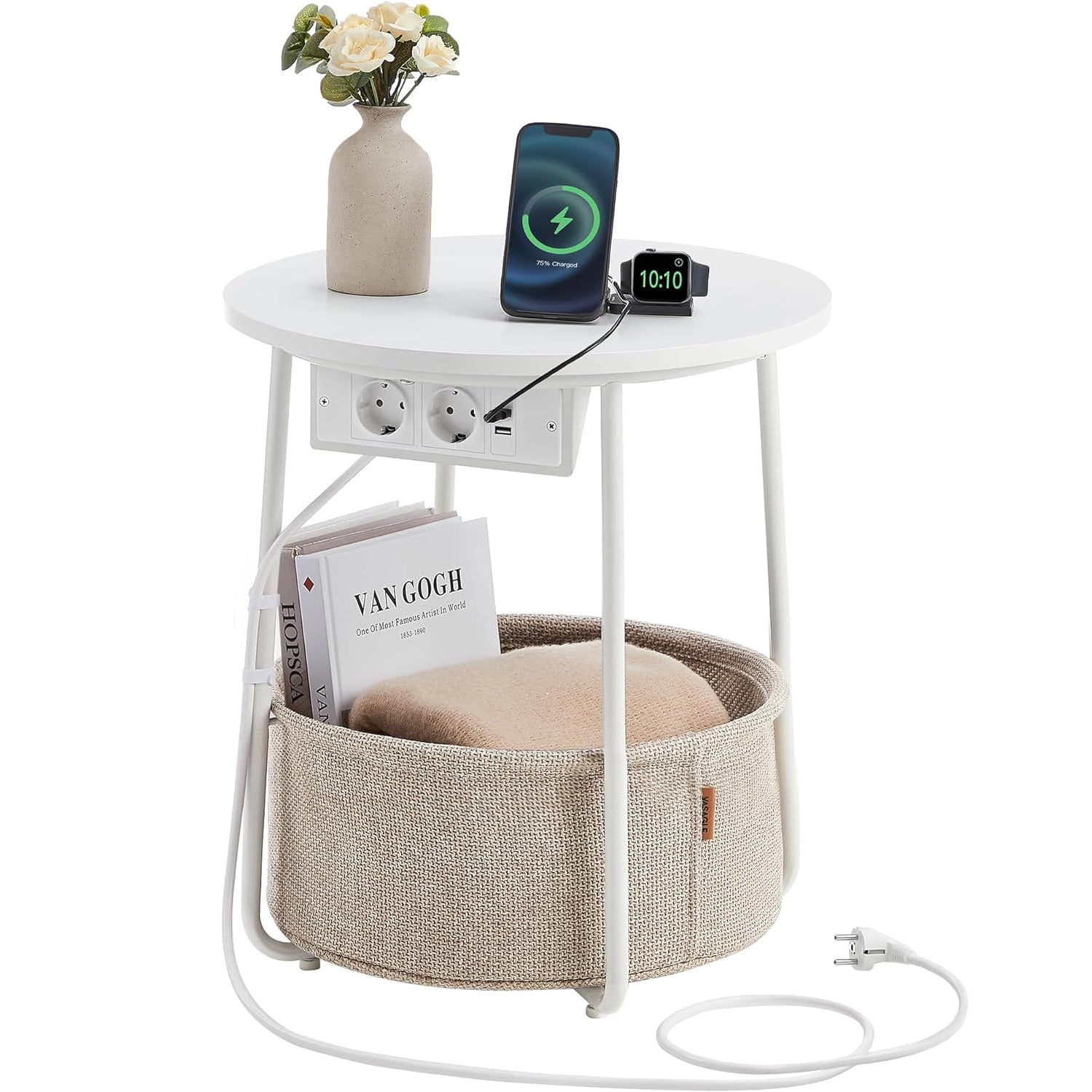 VASAGLE Masuta de cafea rotunda cu cos de stofa, statie de incarcare 2 prize si 2 USB, 45x50cm, alb